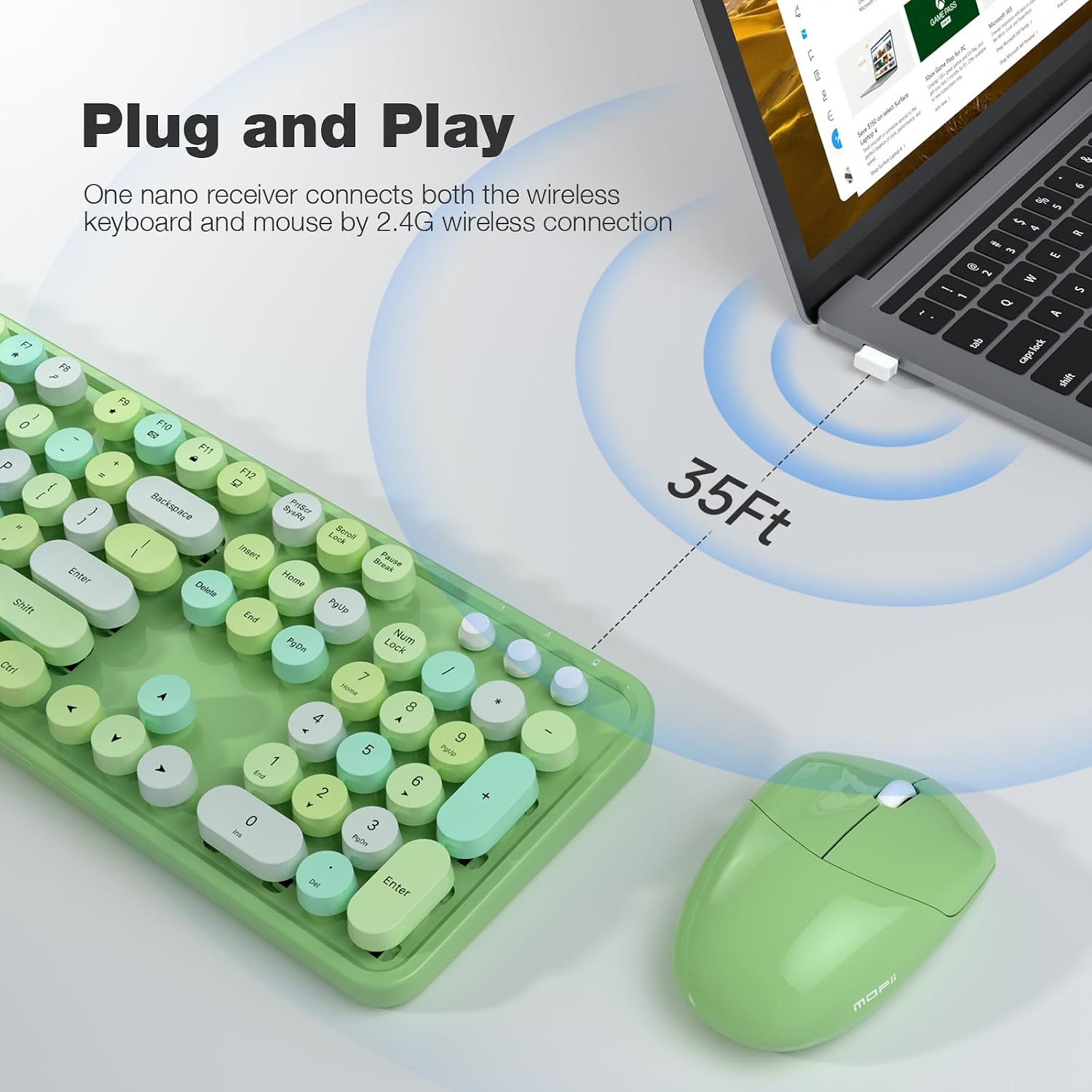 KIT DE TECLADO Y MOUSE INALÁMBRICO MOFII 2.4GHZ RETRO TAMAÑO COMPLETO VERDE - 2