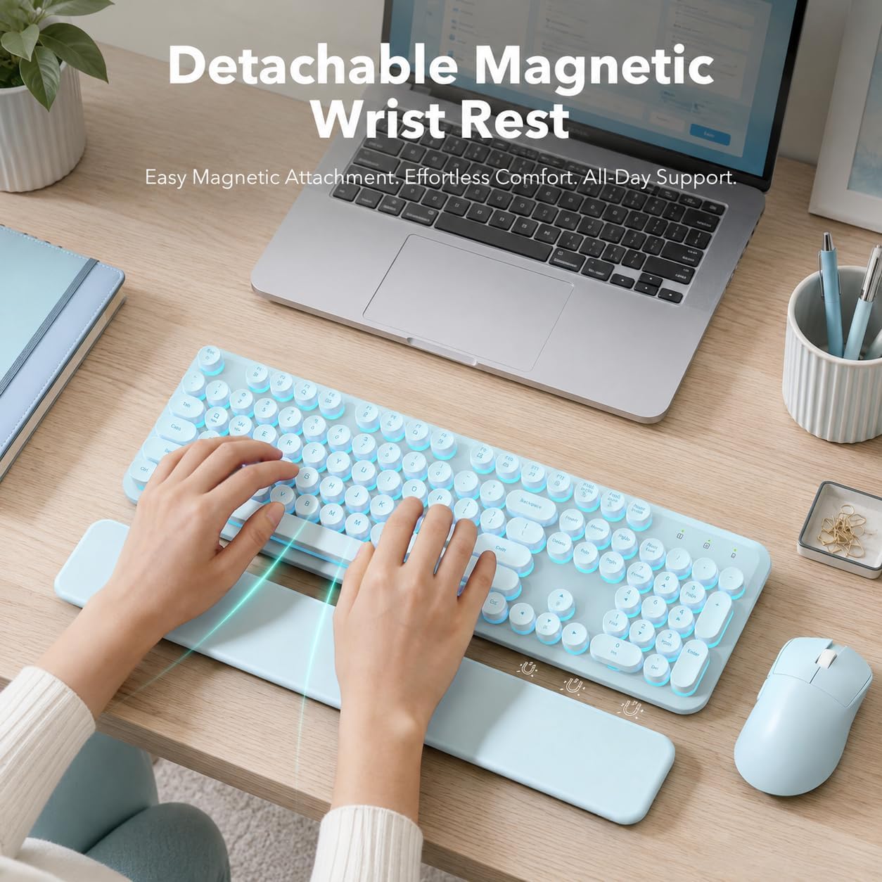 KIT INALÁMBRICO RECARGABLE TECLADO Y MOUSE SABLUTE DUSTY BLUE CON REPOSAMUÑECAS MAGNÉTICO - 3