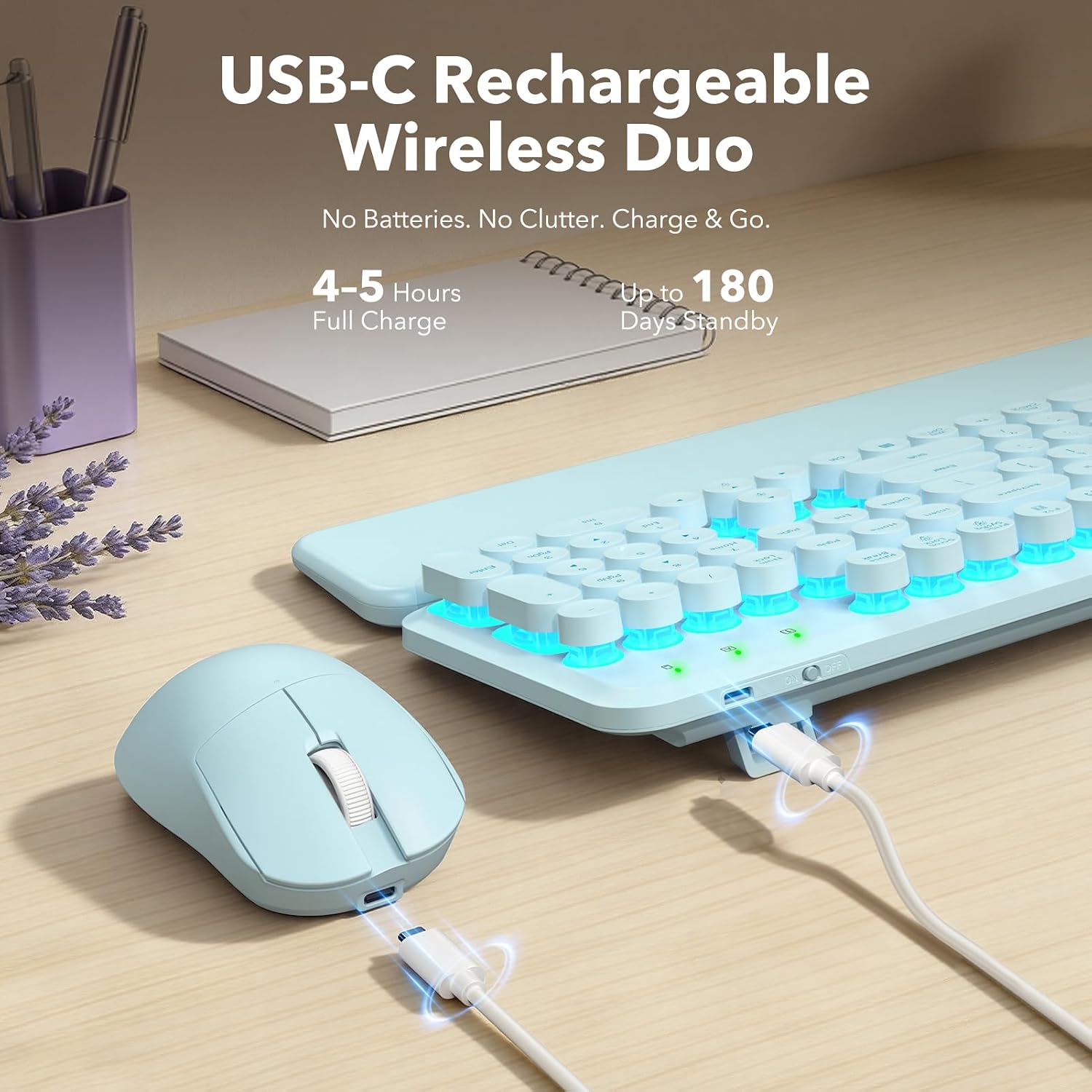 KIT INALÁMBRICO RECARGABLE TECLADO Y MOUSE SABLUTE DUSTY BLUE CON REPOSAMUÑECAS MAGNÉTICO - 4