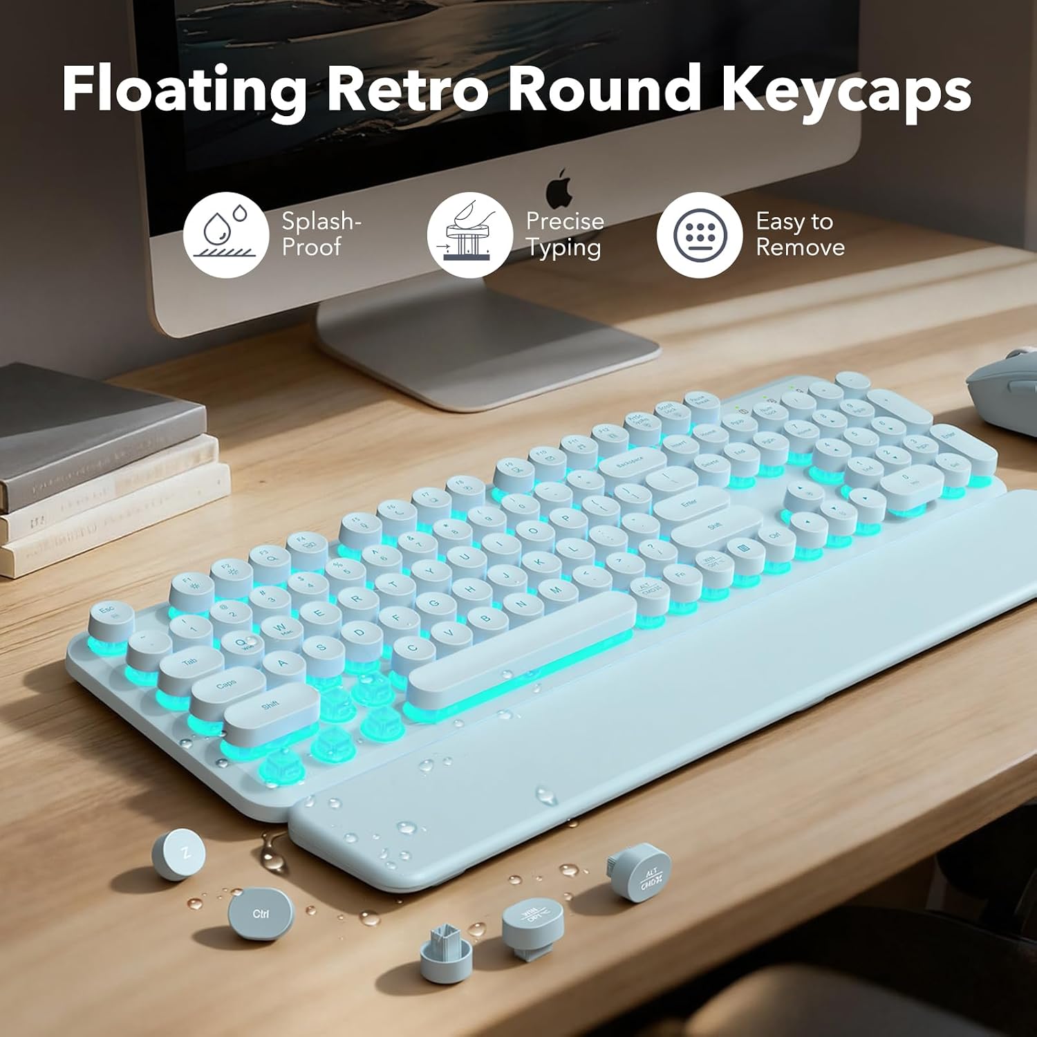 KIT INALÁMBRICO RECARGABLE TECLADO Y MOUSE SABLUTE DUSTY BLUE CON REPOSAMUÑECAS MAGNÉTICO - 5