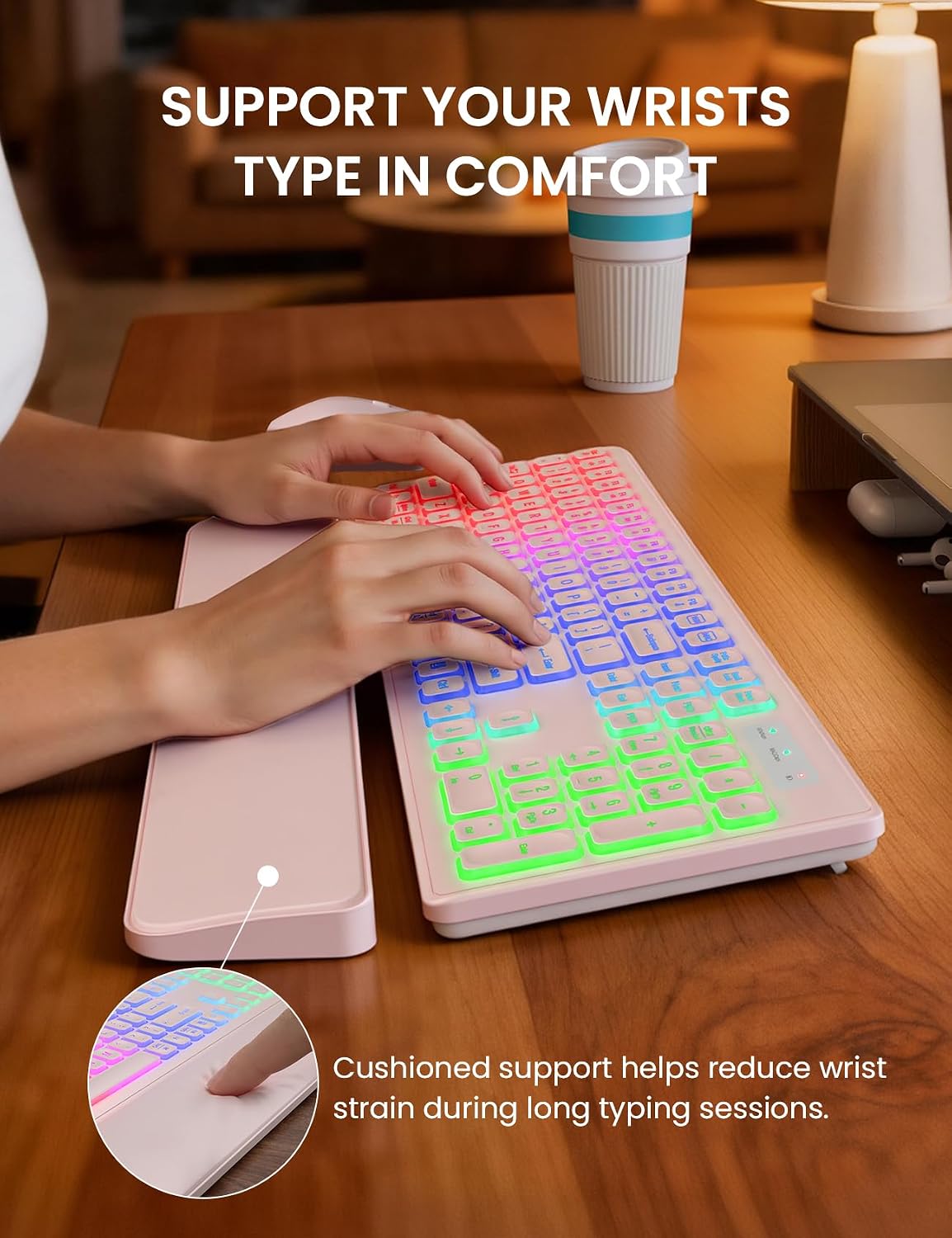 KIT INALÁMBRICO TECLADO Y MOUSE TRUEQUE RGB RECARGABLE CON REPOSAMUÑECAS - 3