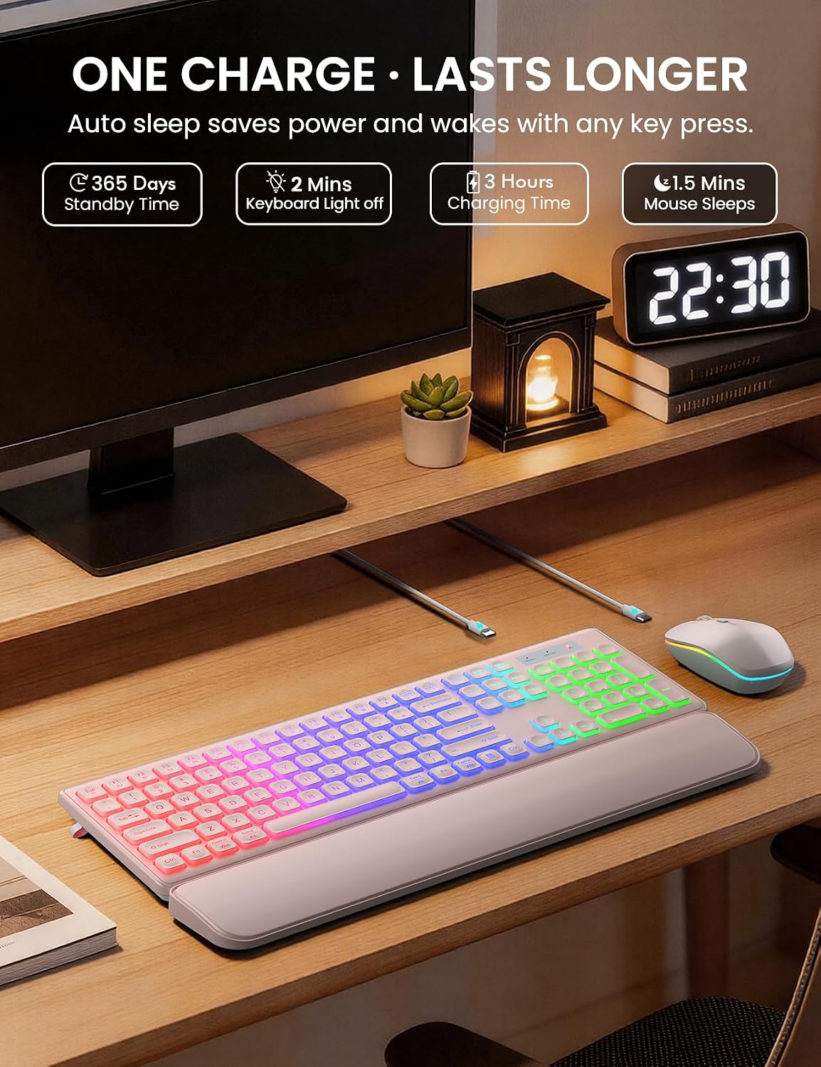 KIT INALÁMBRICO TECLADO Y MOUSE TRUEQUE RGB RECARGABLE CON REPOSAMUÑECAS - 5