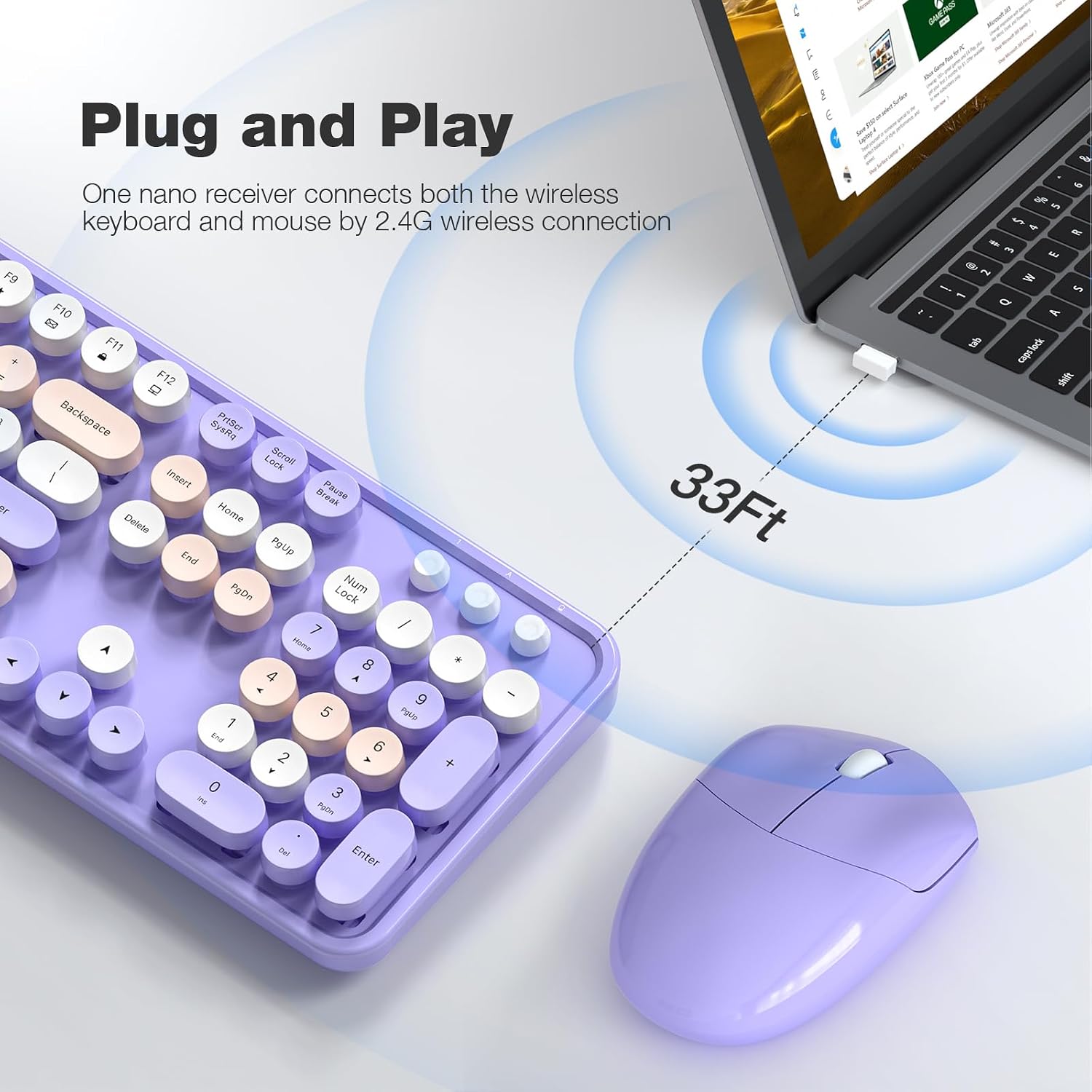 KIT DE TECLADO Y MOUSE INALÁMBRICO MOFII 2.4GHZ RETRO TAMAÑO COMPLETO MORADO - 2