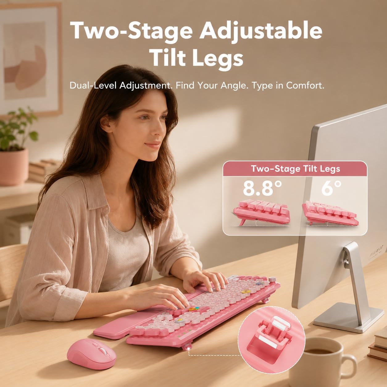 KIT INALÁMBRICO TECLADO Y MOUSE SABLUTE BABY PINK CON REPOSAMUÑECAS MAGNÉTICO - 3