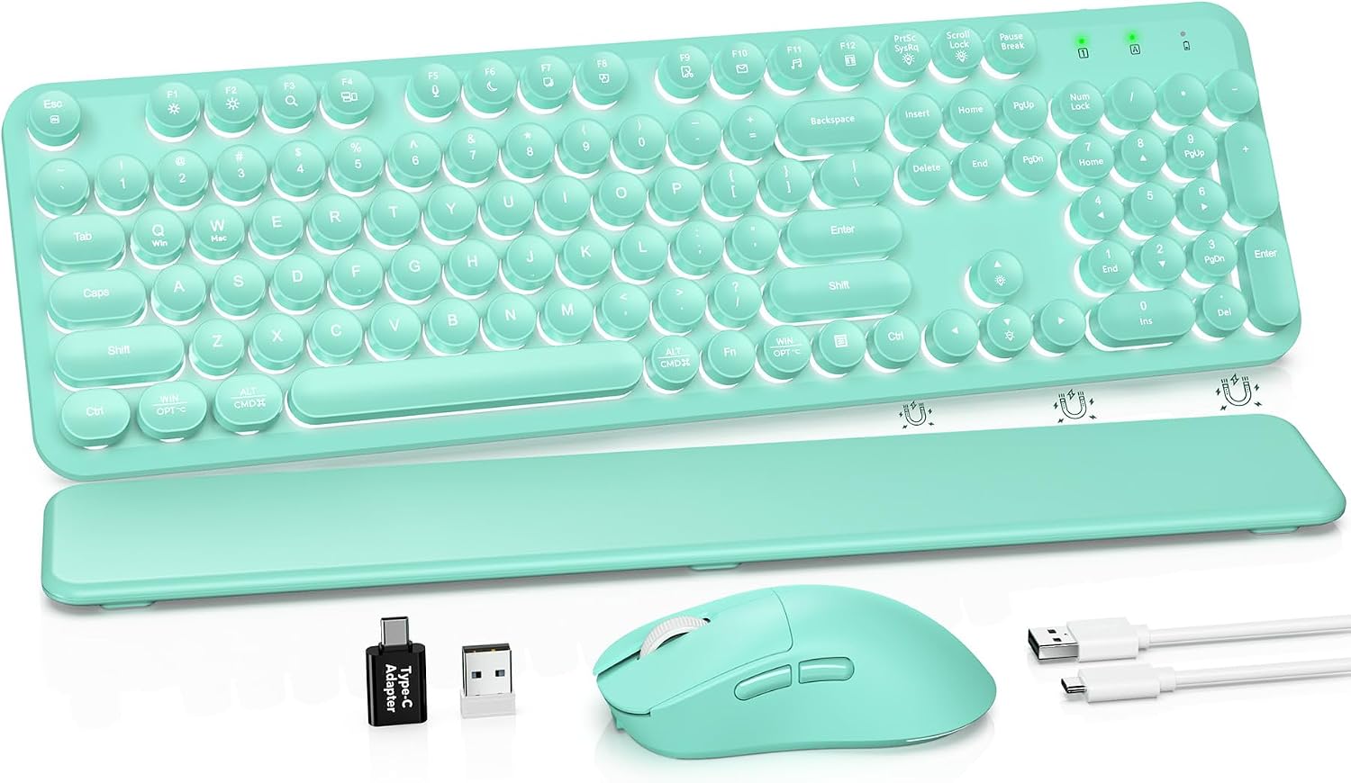 KIT INALÁMBRICO DE TECLADO Y MOUSE SABLUTE RETRO CON TECLAS REDONDAS Y REPOSAMUÑECAS DESMONTABLE TURQUESA - 1