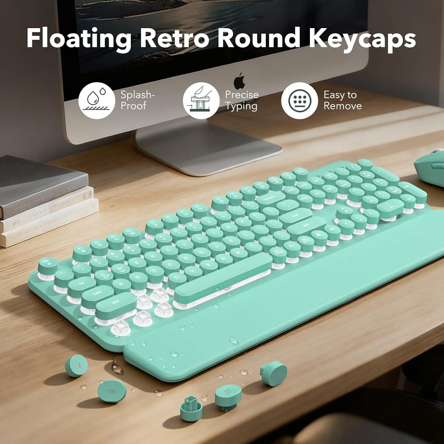 KIT INALÁMBRICO DE TECLADO Y MOUSE SABLUTE RETRO CON TECLAS REDONDAS Y REPOSAMUÑECAS DESMONTABLE TURQUESA - 4