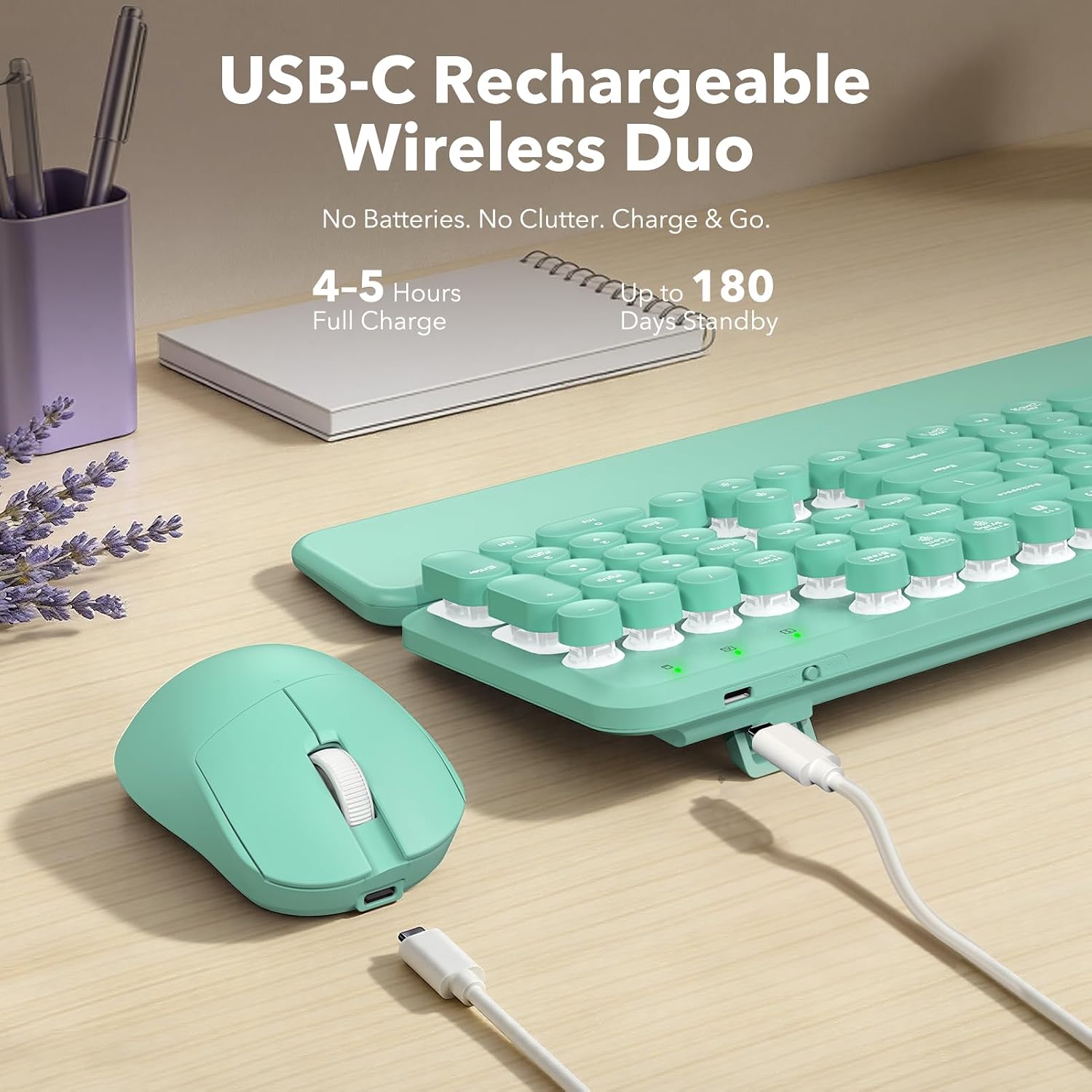 KIT INALÁMBRICO DE TECLADO Y MOUSE SABLUTE RETRO CON TECLAS REDONDAS Y REPOSAMUÑECAS DESMONTABLE TURQUESA - 5