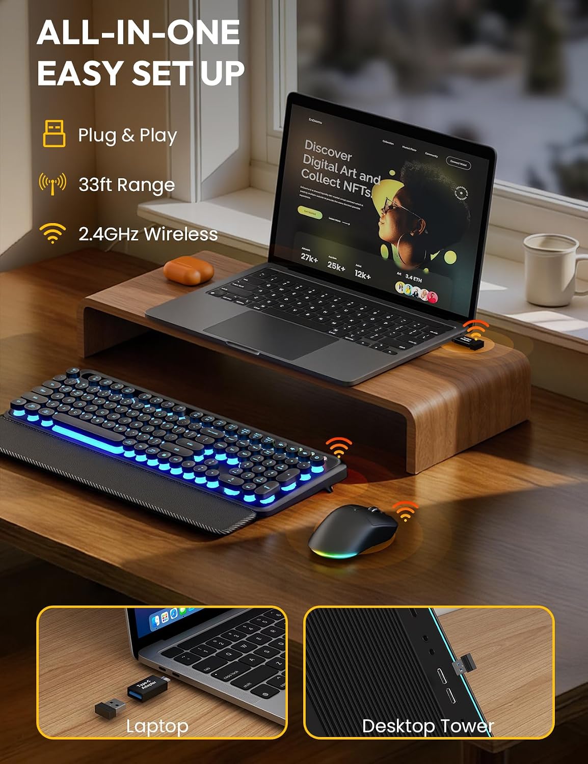 KIT INALÁMBRICO TECLADO Y MOUSE SABLUTE RETRO CON REPOSAMUÑECAS MAGNÉTICO - 5