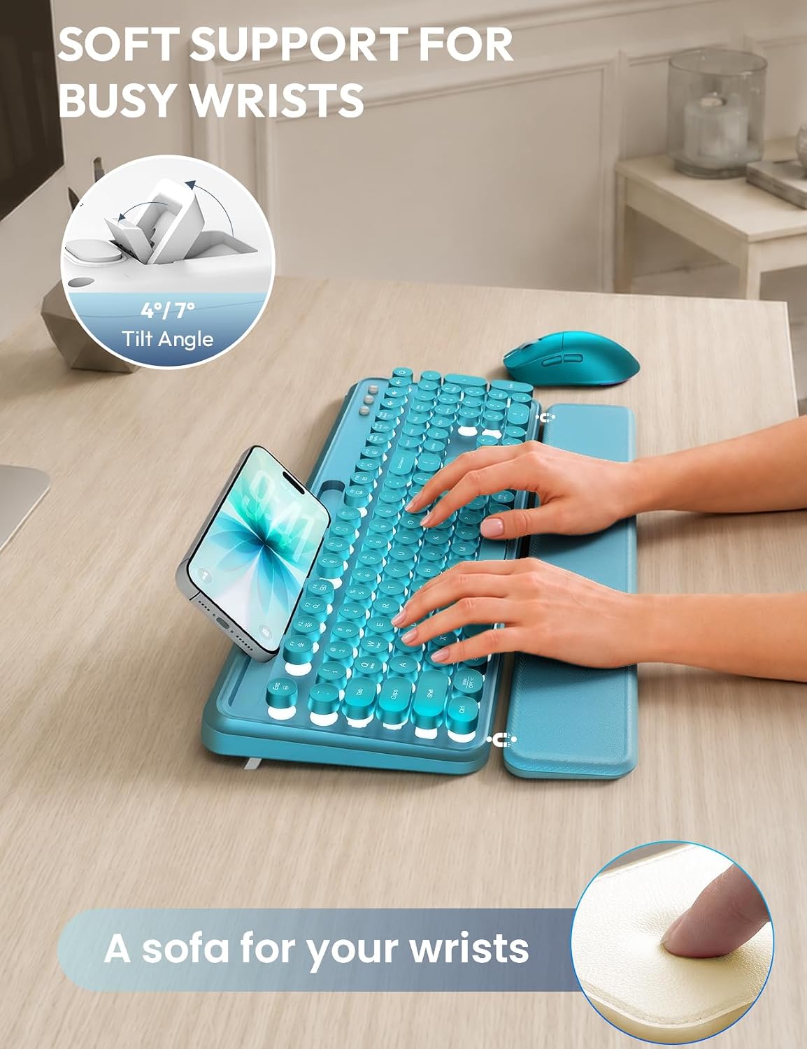 KIT INALÁMBRICO TECLADO Y MOUSE SABLUTE RETRO CON REPOSAMUÑECAS MAGNÉTICO - 3