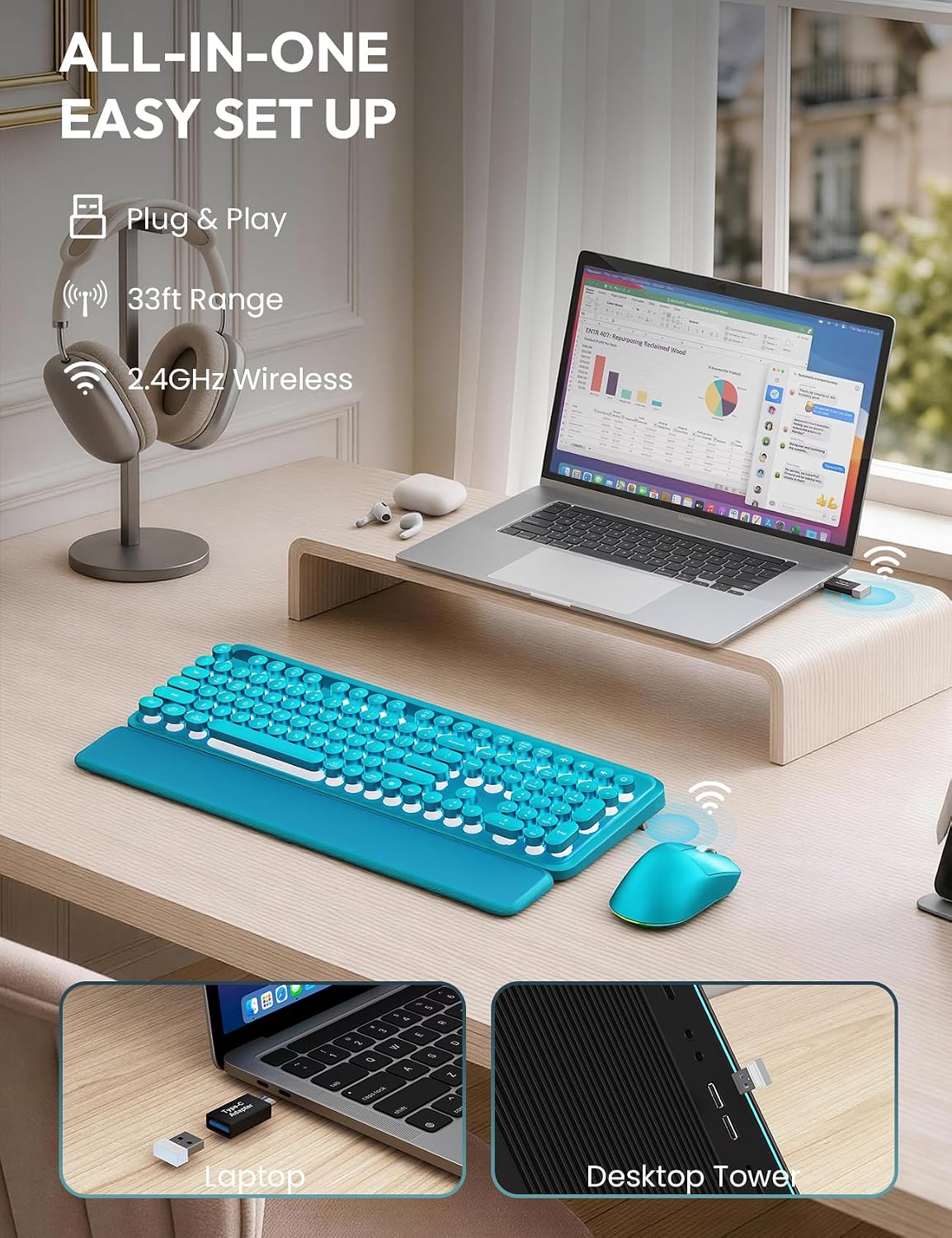 KIT INALÁMBRICO TECLADO Y MOUSE SABLUTE RETRO CON REPOSAMUÑECAS MAGNÉTICO - 4