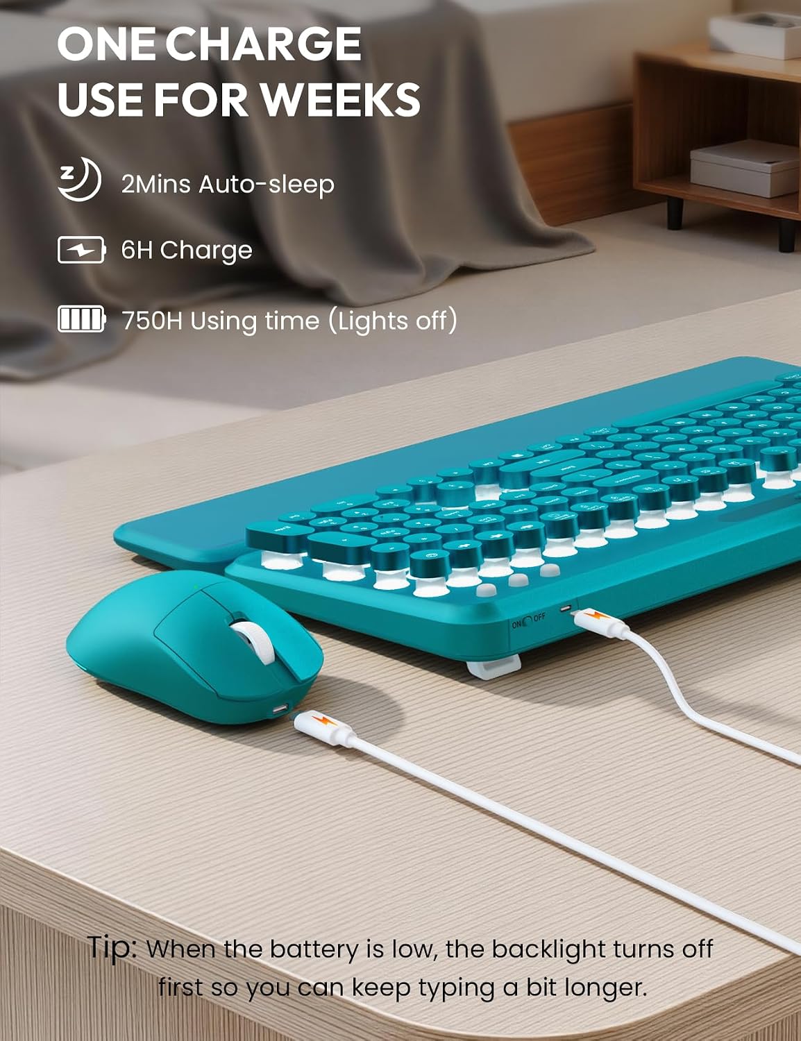 KIT INALÁMBRICO TECLADO Y MOUSE SABLUTE RETRO CON REPOSAMUÑECAS MAGNÉTICO - 5