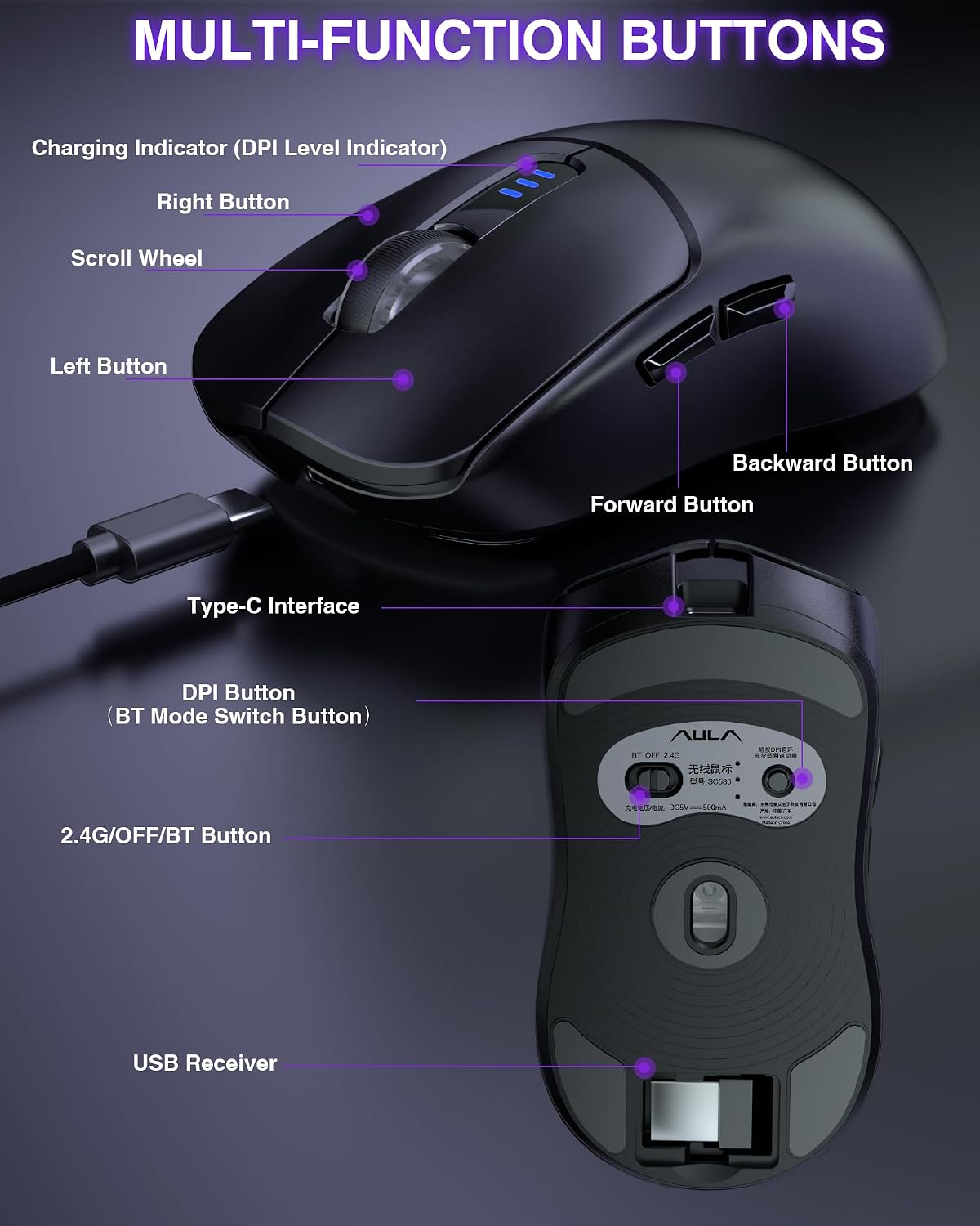 MOUSE INALÁMBRICO PARA GAMING AULA SC580 TRI-MODE 12000 DPI NEGRO - 5