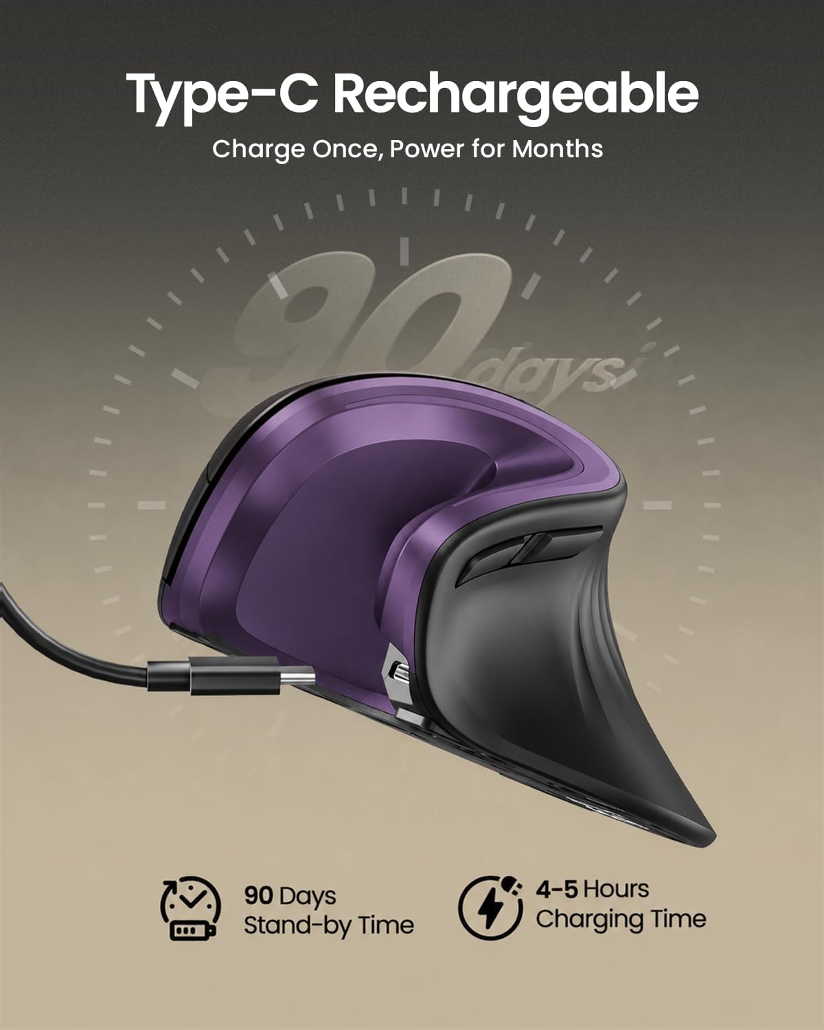 MOUSE ERGONÓMICO INALÁMBRICO PROTOARC EM11 NL RECARGABLE NEGRO PÚRPURA - 4