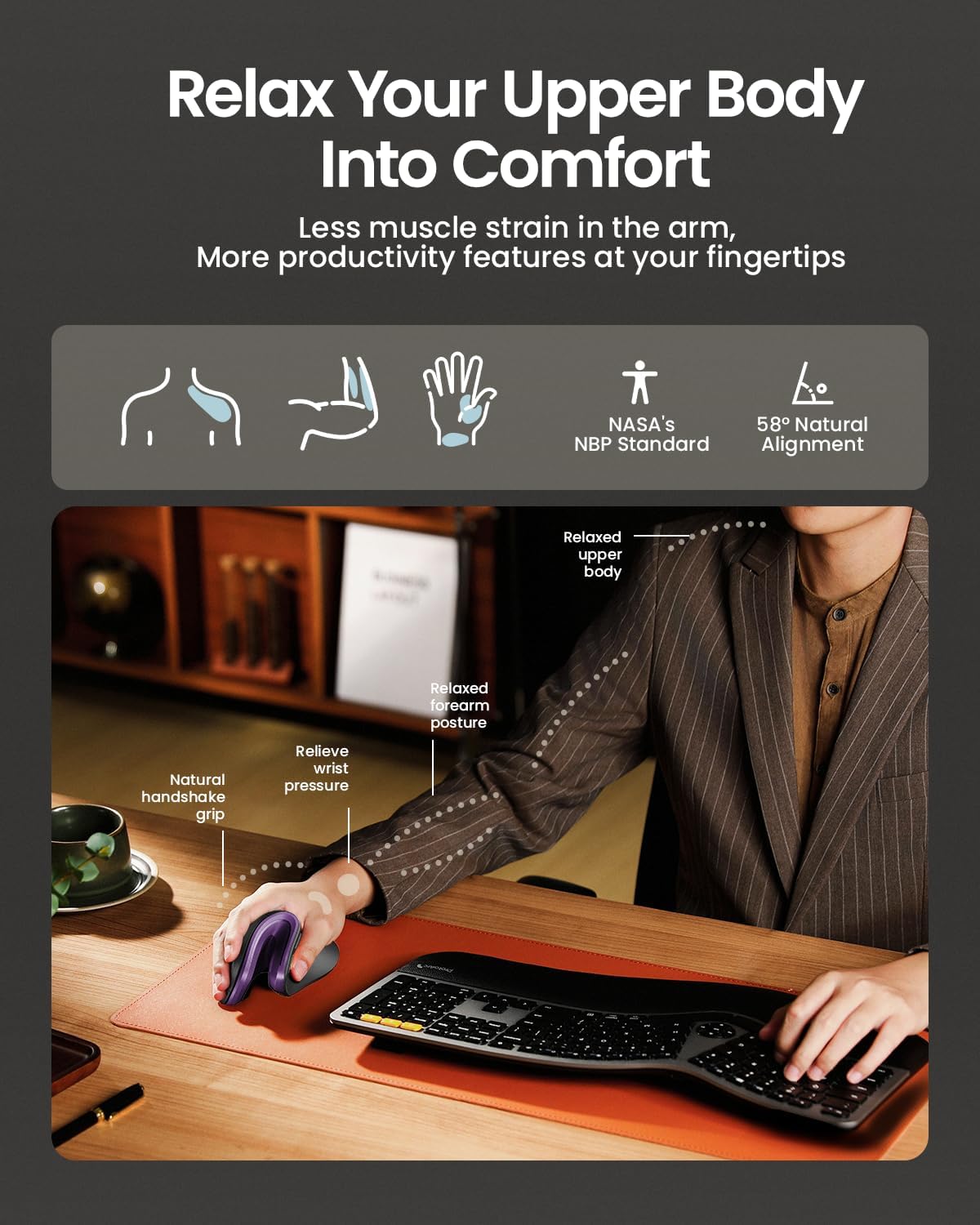 MOUSE ERGONÓMICO INALÁMBRICO PROTOARC EM11 NL RECARGABLE NEGRO PÚRPURA - 5