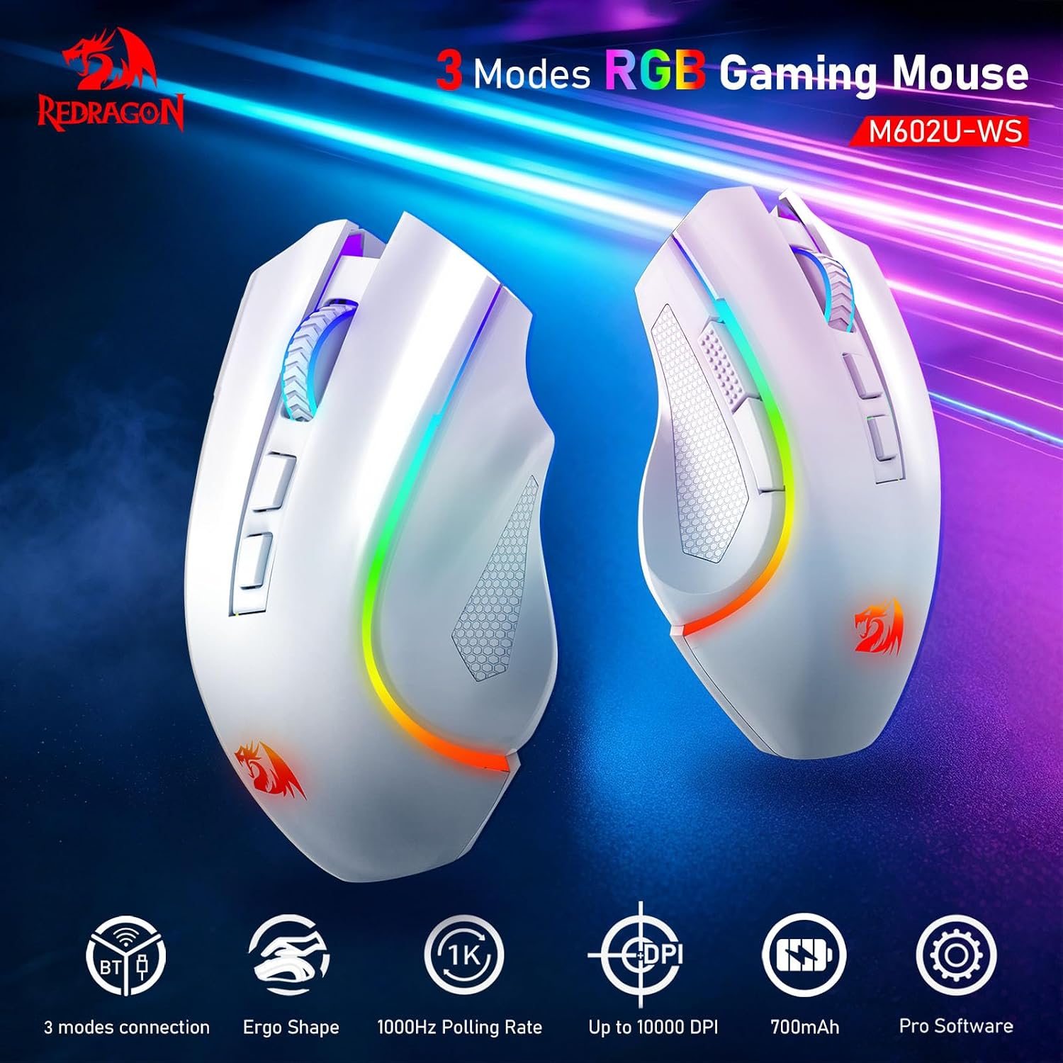 MOUSE INALÁMBRICO REDRAGON M602 GRIFFIN RGB GAMING TRI-MODE 8000DPI BLANCO - 3