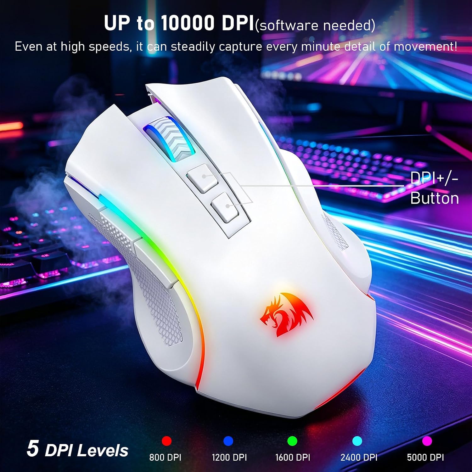 MOUSE INALÁMBRICO REDRAGON M602 GRIFFIN RGB GAMING TRI-MODE 8000DPI BLANCO - 4