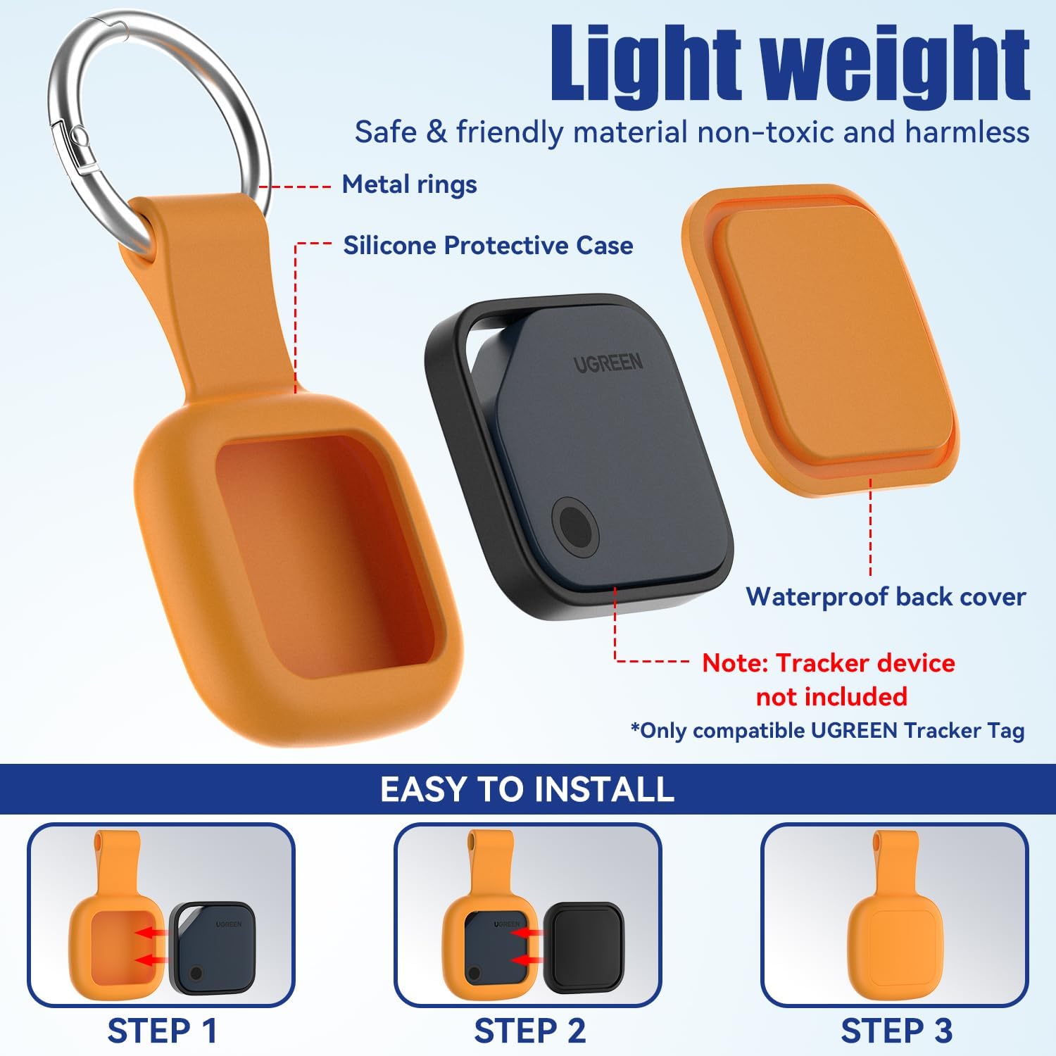 SET DE 4 FUNDAS IMPERMEABLES DE SILICONA PARA UGREEN TRACKER TAGS CON LLAVEROS NEGRO AZUL NARANJA VERDE - 3