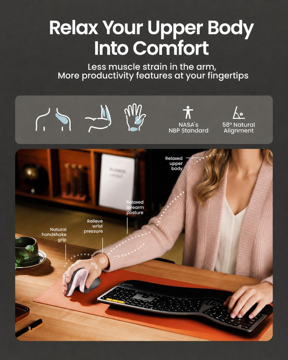 MOUSE ERGONÓMICO INALÁMBRICO PROTOARC EM11 NL RECARGABLE NEGRO ROSA - 5