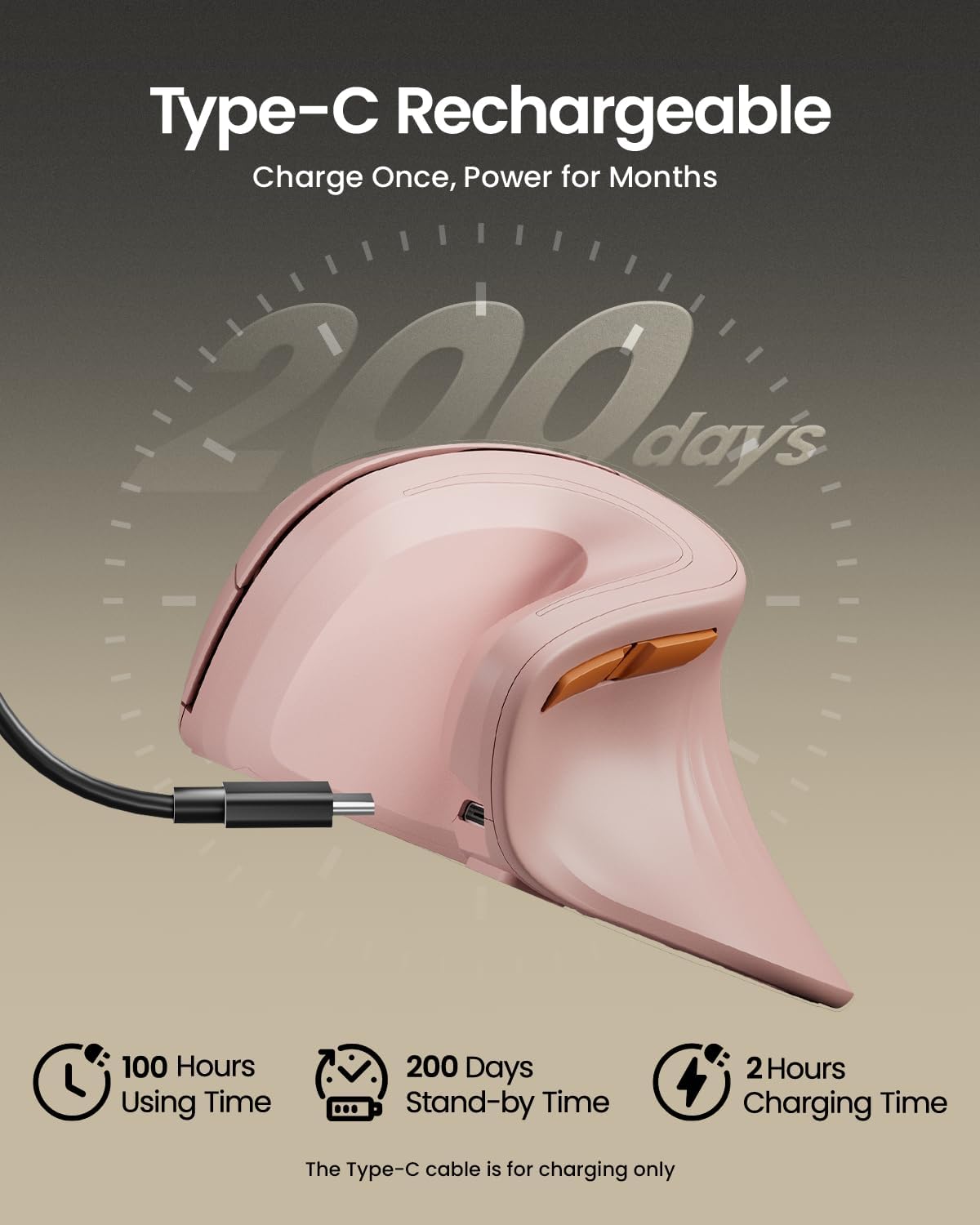 MOUSE ERGONÓMICO VERTICAL PROTOARC EM11 NL RECARGABLE ROSA - 3