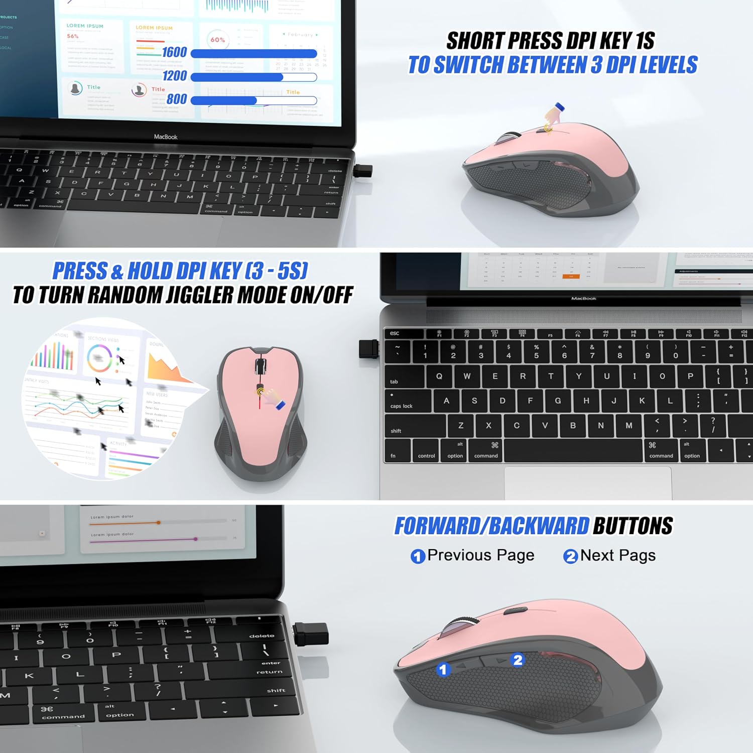 MOUSE BLUETOOTH INALÁMBRICO FYBC RECARGABLE ROSA CON JIGGLER Y 3 NIVELES DPI - 3