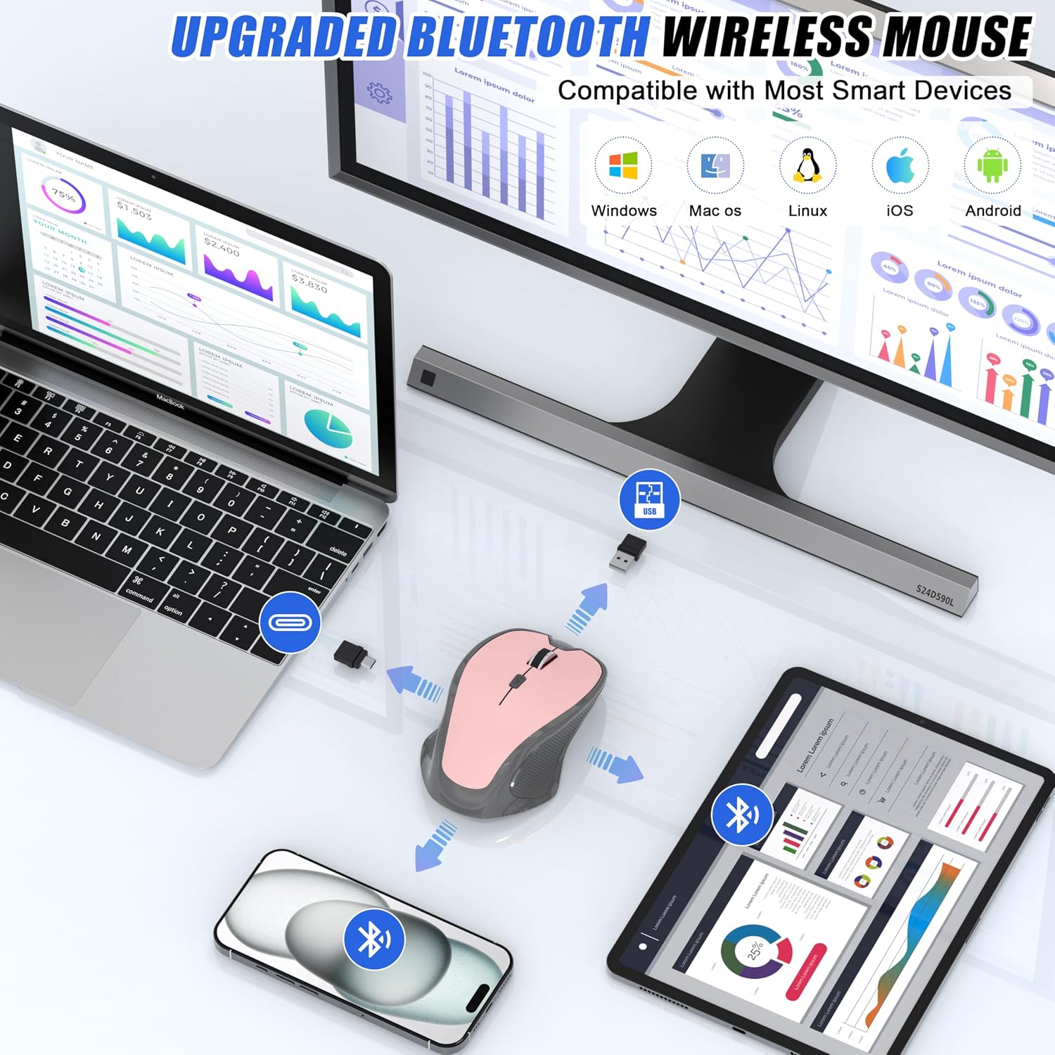 MOUSE BLUETOOTH INALÁMBRICO FYBC RECARGABLE ROSA CON JIGGLER Y 3 NIVELES DPI - 4