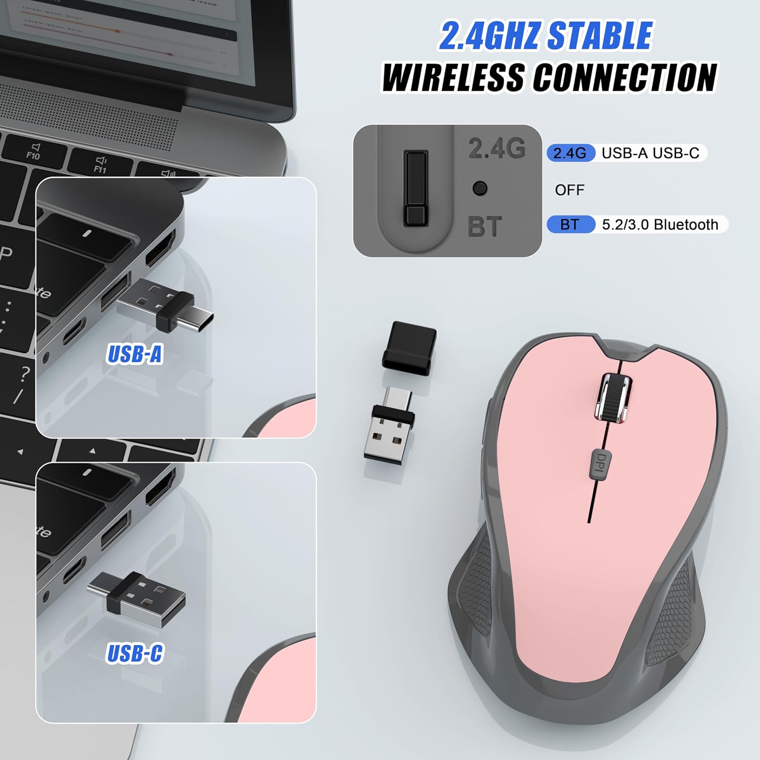 MOUSE BLUETOOTH INALÁMBRICO FYBC RECARGABLE ROSA CON JIGGLER Y 3 NIVELES DPI - 5
