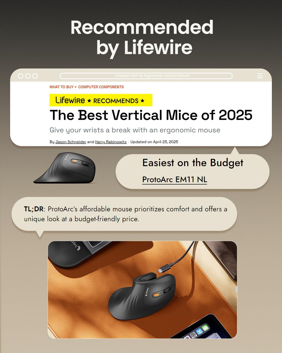 MOUSE ERGONÓMICO VERTICAL INALÁMBRICO PROTOARC EM11 NL RECARGABLE - 5