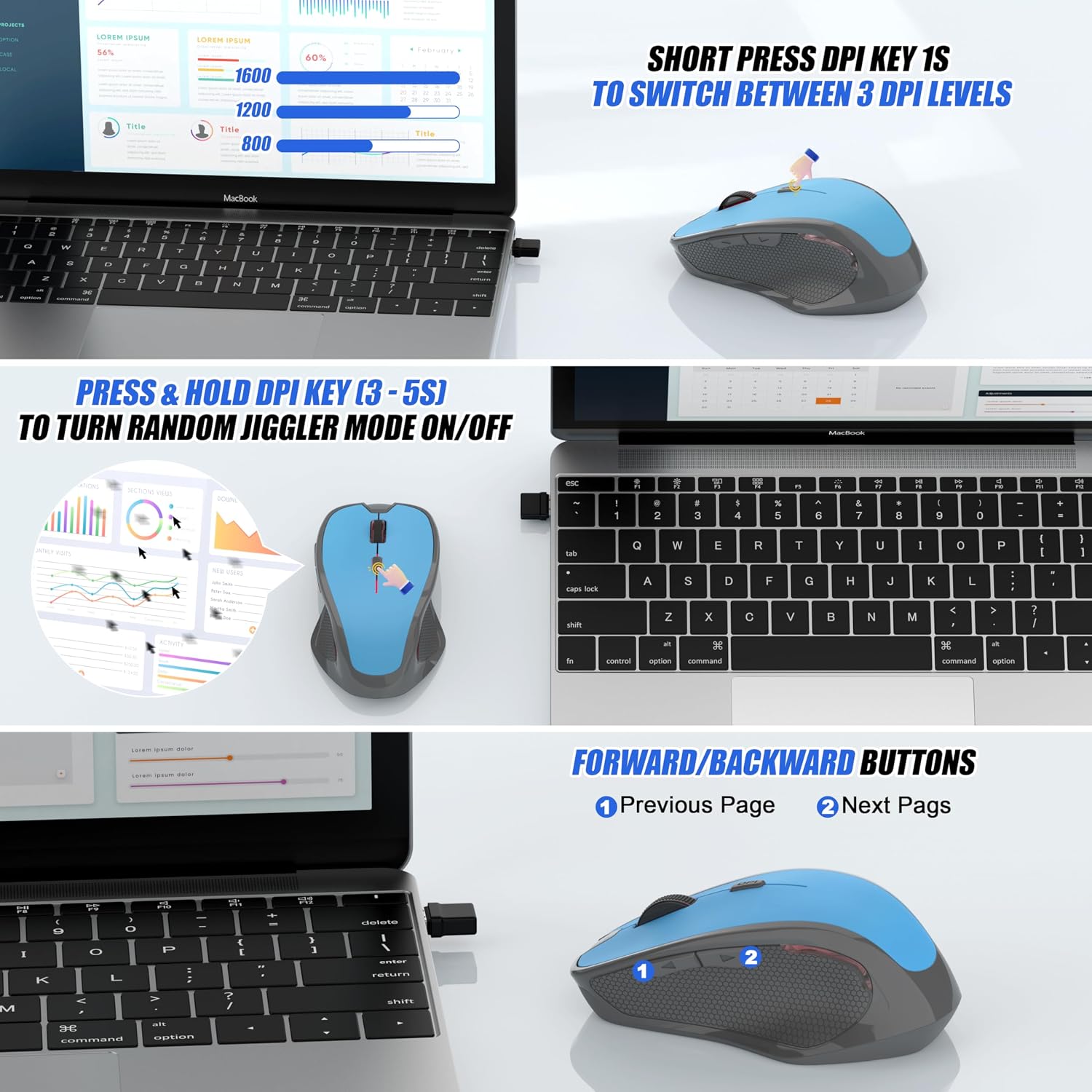 MOUSE INALÁMBRICO FYBC BLUETOOTH 5.2/3.0 Y 2.4G USB-C/USB-A RECARGABLE AZUL - 3
