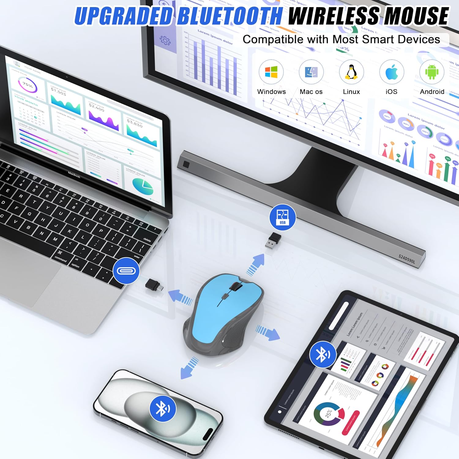 MOUSE INALÁMBRICO FYBC BLUETOOTH 5.2/3.0 Y 2.4G USB-C/USB-A RECARGABLE AZUL - 4