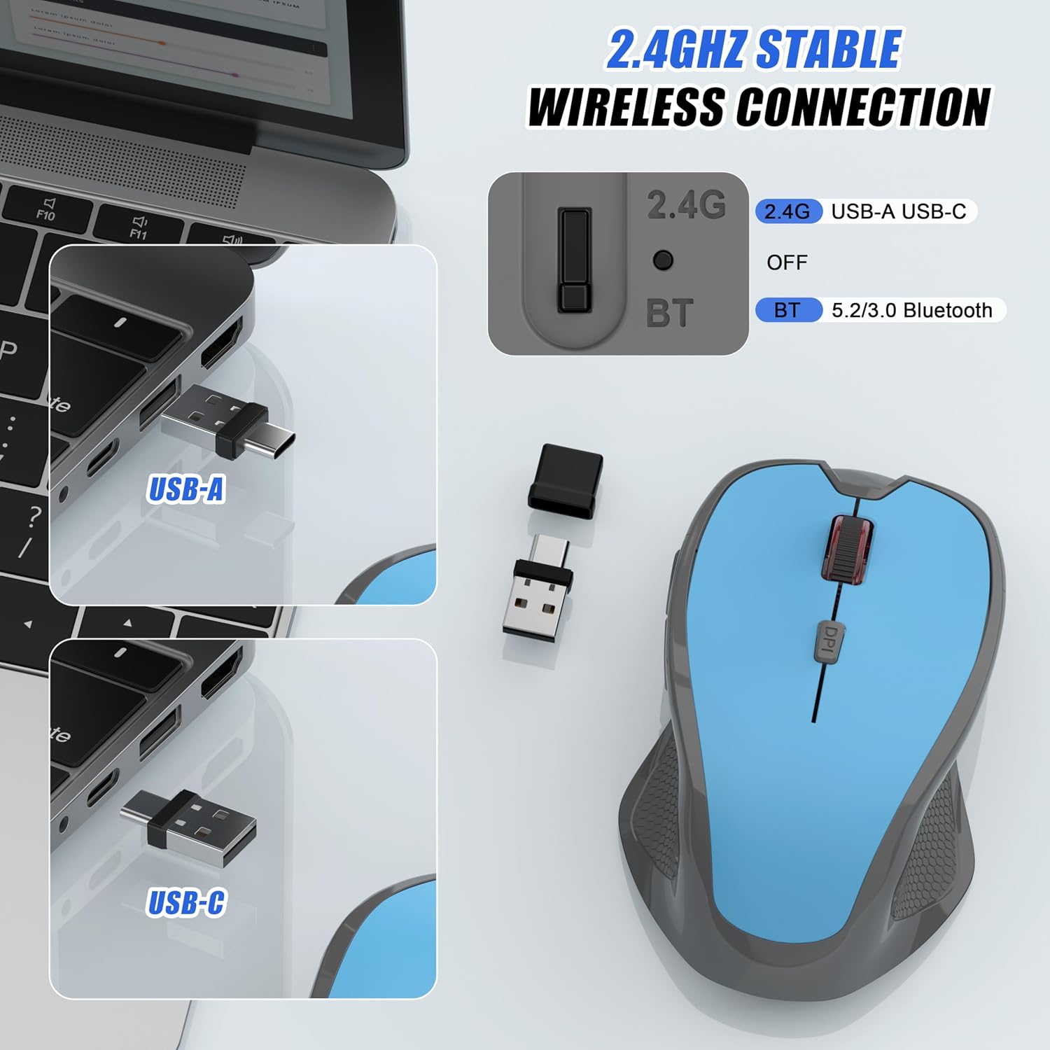 MOUSE INALÁMBRICO FYBC BLUETOOTH 5.2/3.0 Y 2.4G USB-C/USB-A RECARGABLE AZUL - 5
