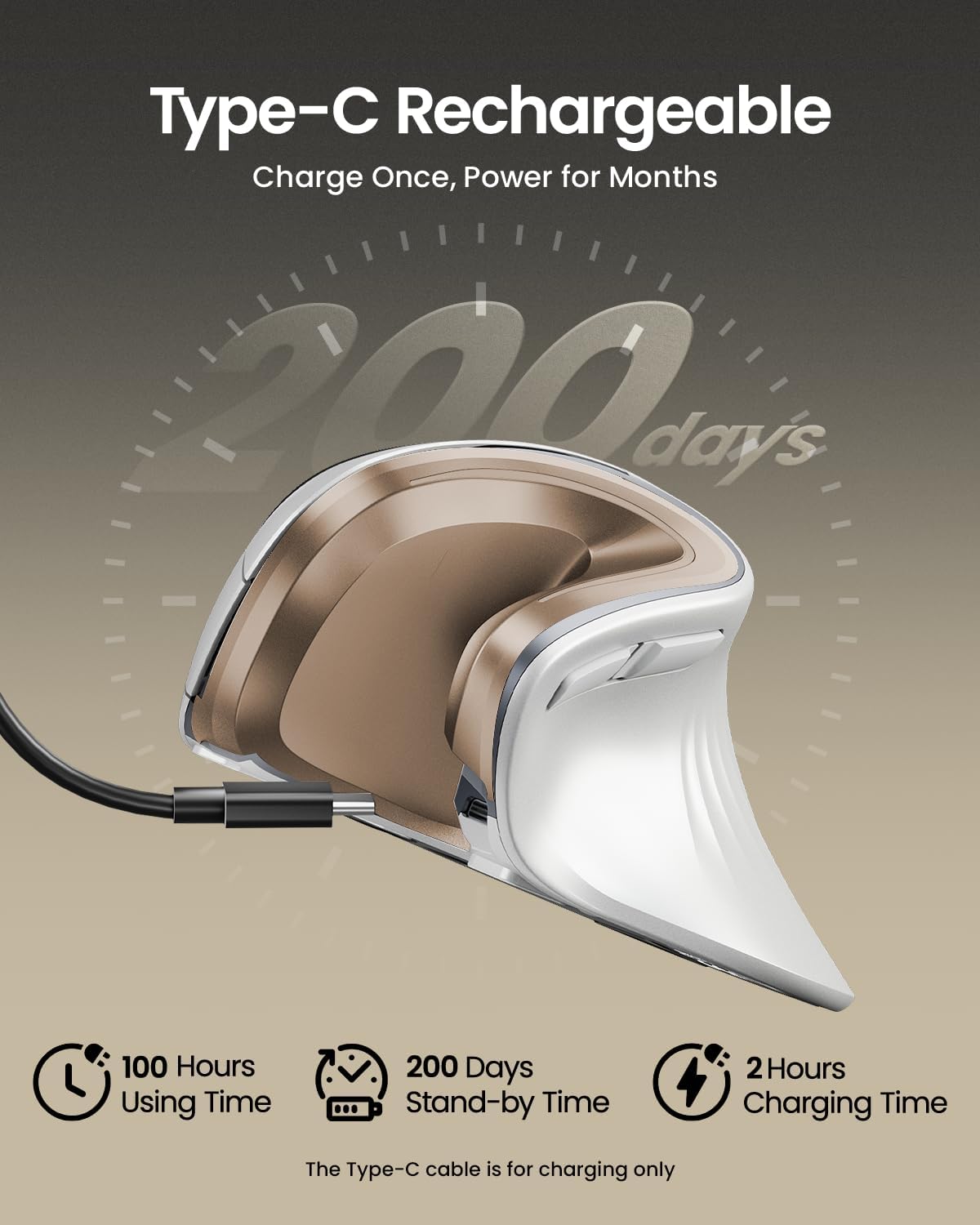 MOUSE ERGONÓMICO INALÁMBRICO PROTOARC EM11 NL RECARGABLE BLANCO DORADO - 3