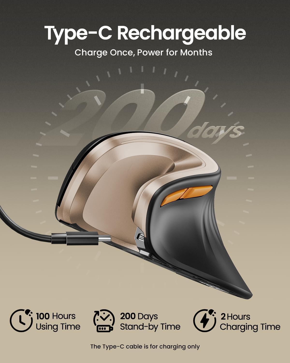 MOUSE ERGONÓMICO INALÁMBRICO PROTOARC EM11 NL RECARGABLE NEGRO DORADO - 3