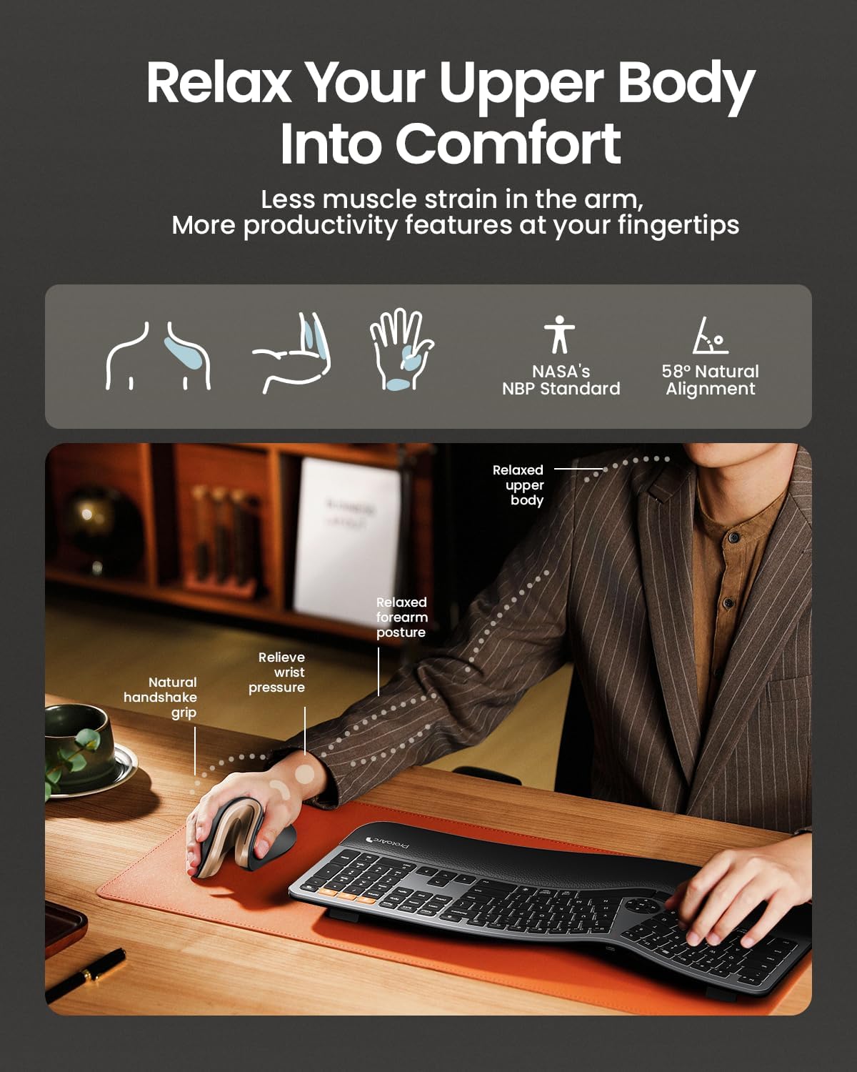 MOUSE ERGONÓMICO INALÁMBRICO PROTOARC EM11 NL RECARGABLE NEGRO DORADO - 5
