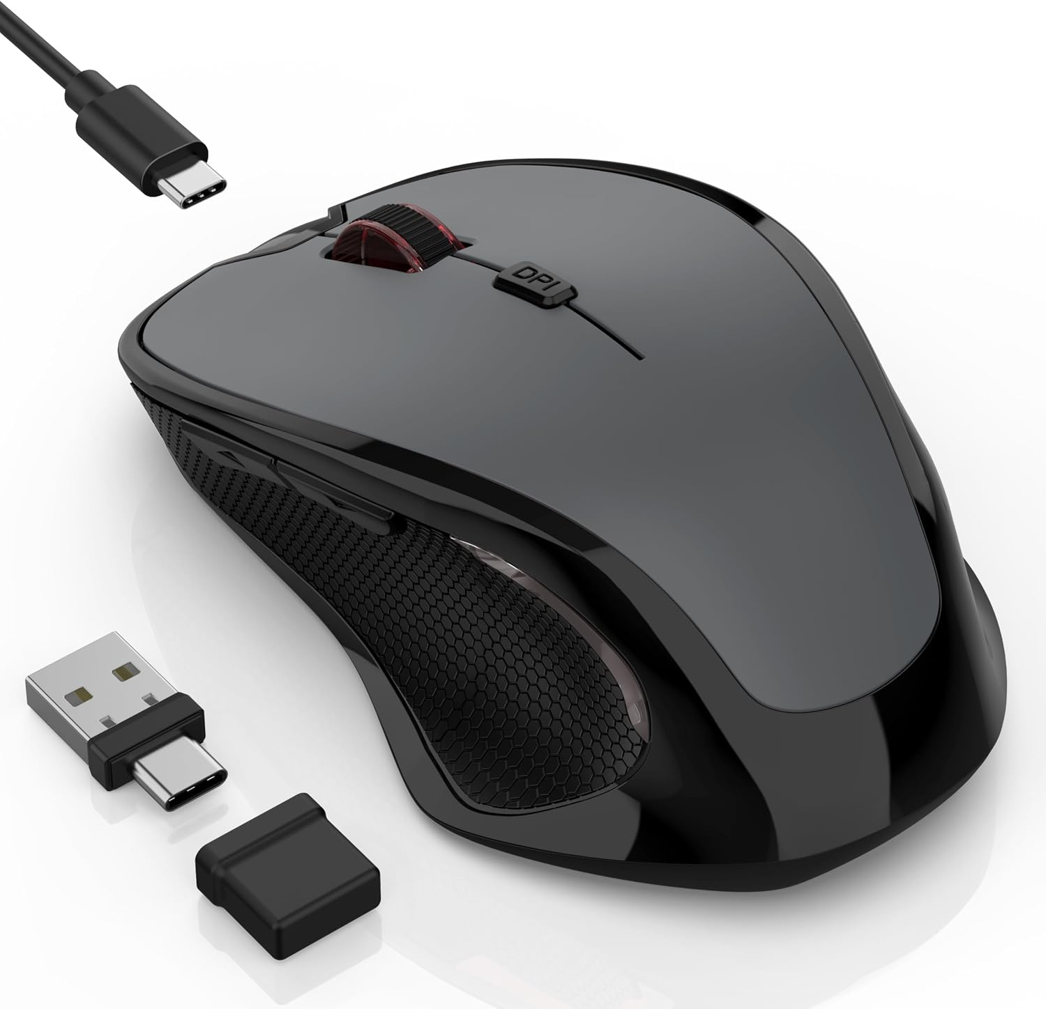 MOUSE INALÁMBRICO BLUETOOTH FYBC RECARGABLE CON MODO JIGGLER, 2 MODOS BLUETOOTH Y RECEPTOR USB-A/USB-C, GRIS - 1