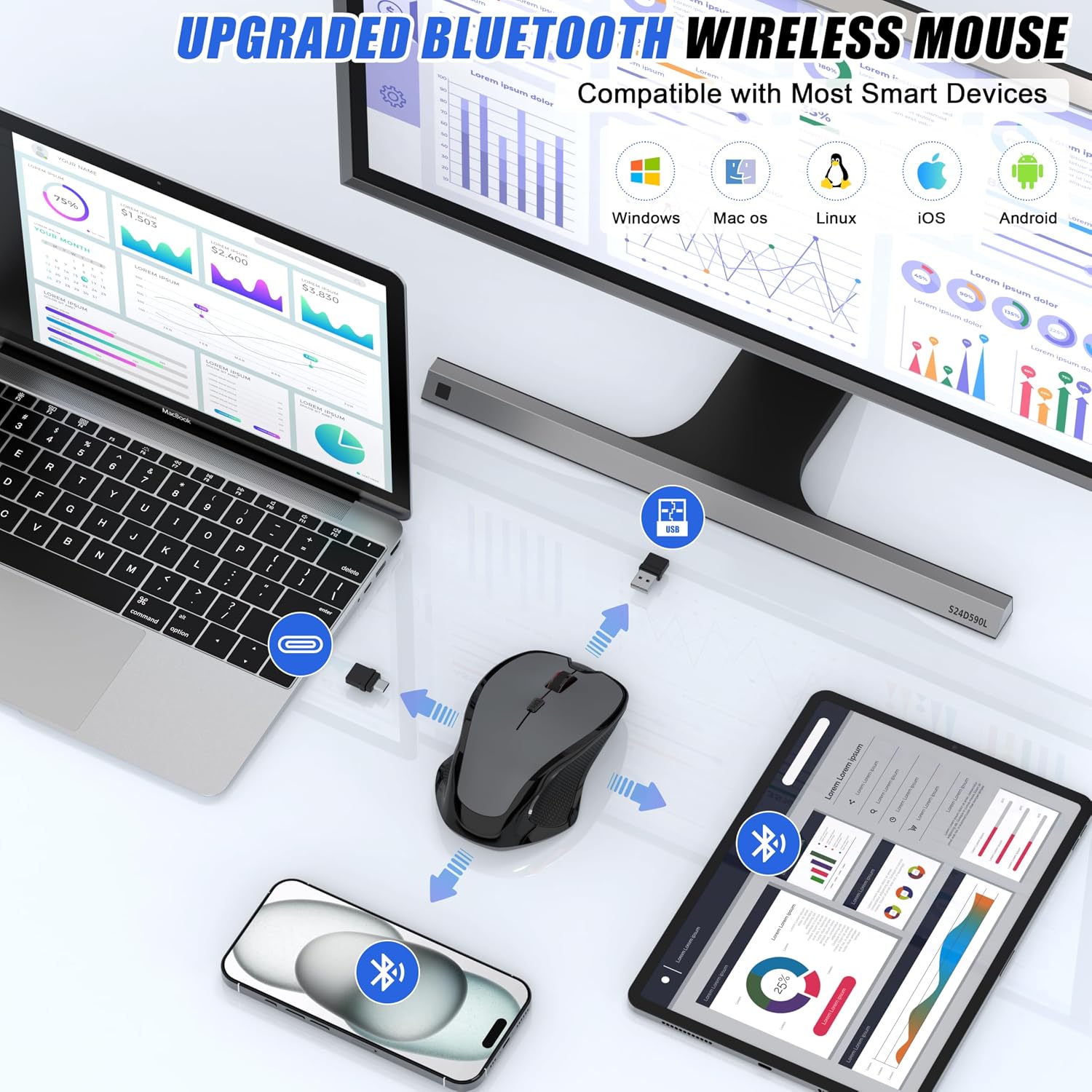 MOUSE INALÁMBRICO BLUETOOTH FYBC RECARGABLE CON MODO JIGGLER, 2 MODOS BLUETOOTH Y RECEPTOR USB-A/USB-C, GRIS - 2