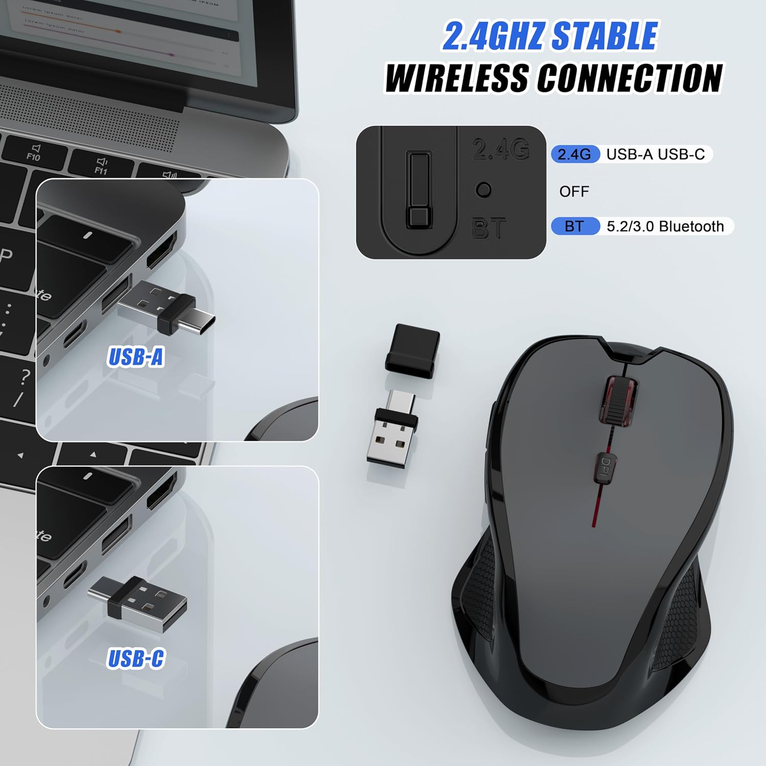 MOUSE INALÁMBRICO BLUETOOTH FYBC RECARGABLE CON MODO JIGGLER, 2 MODOS BLUETOOTH Y RECEPTOR USB-A/USB-C, GRIS - 3
