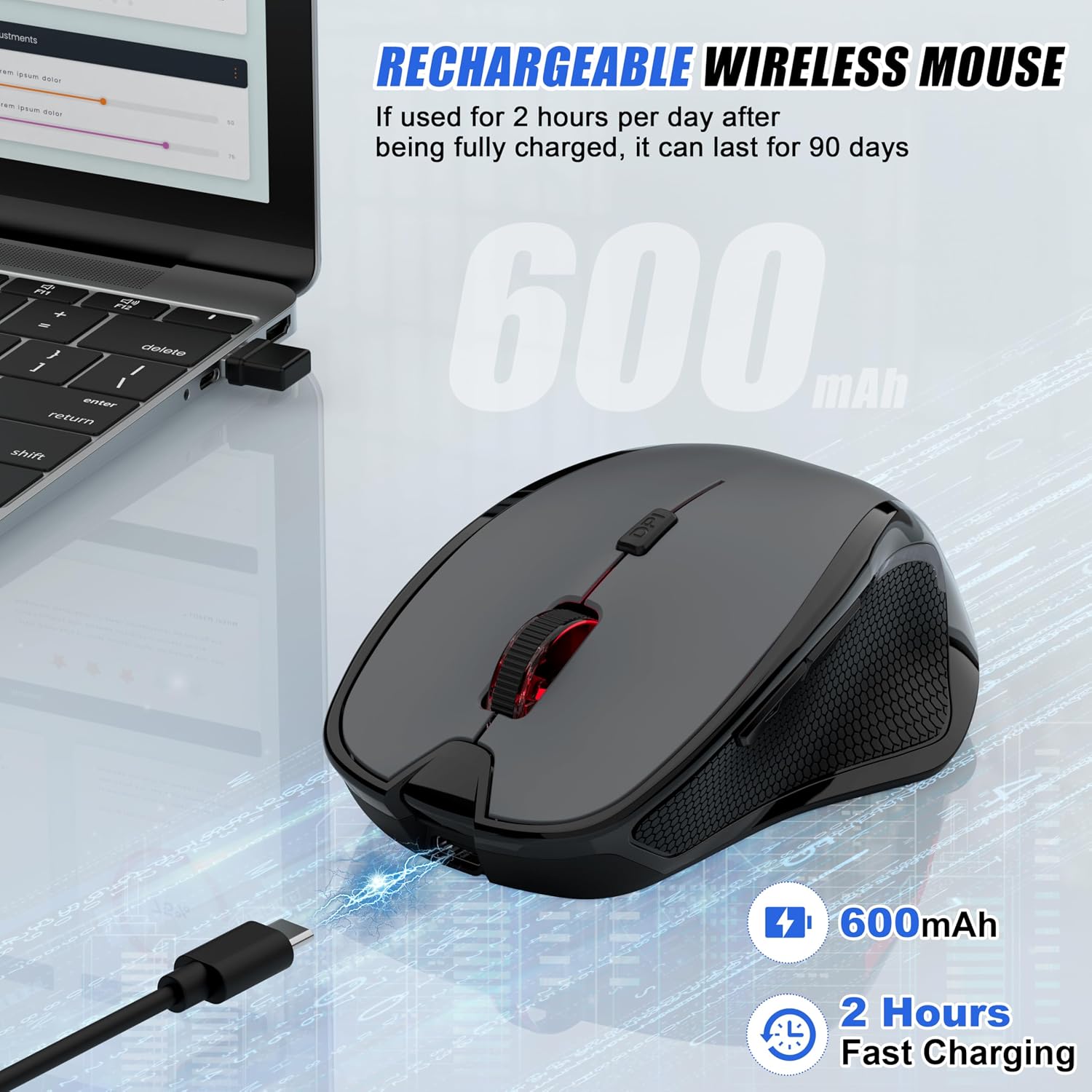 MOUSE INALÁMBRICO BLUETOOTH FYBC RECARGABLE CON MODO JIGGLER, 2 MODOS BLUETOOTH Y RECEPTOR USB-A/USB-C, GRIS - 4