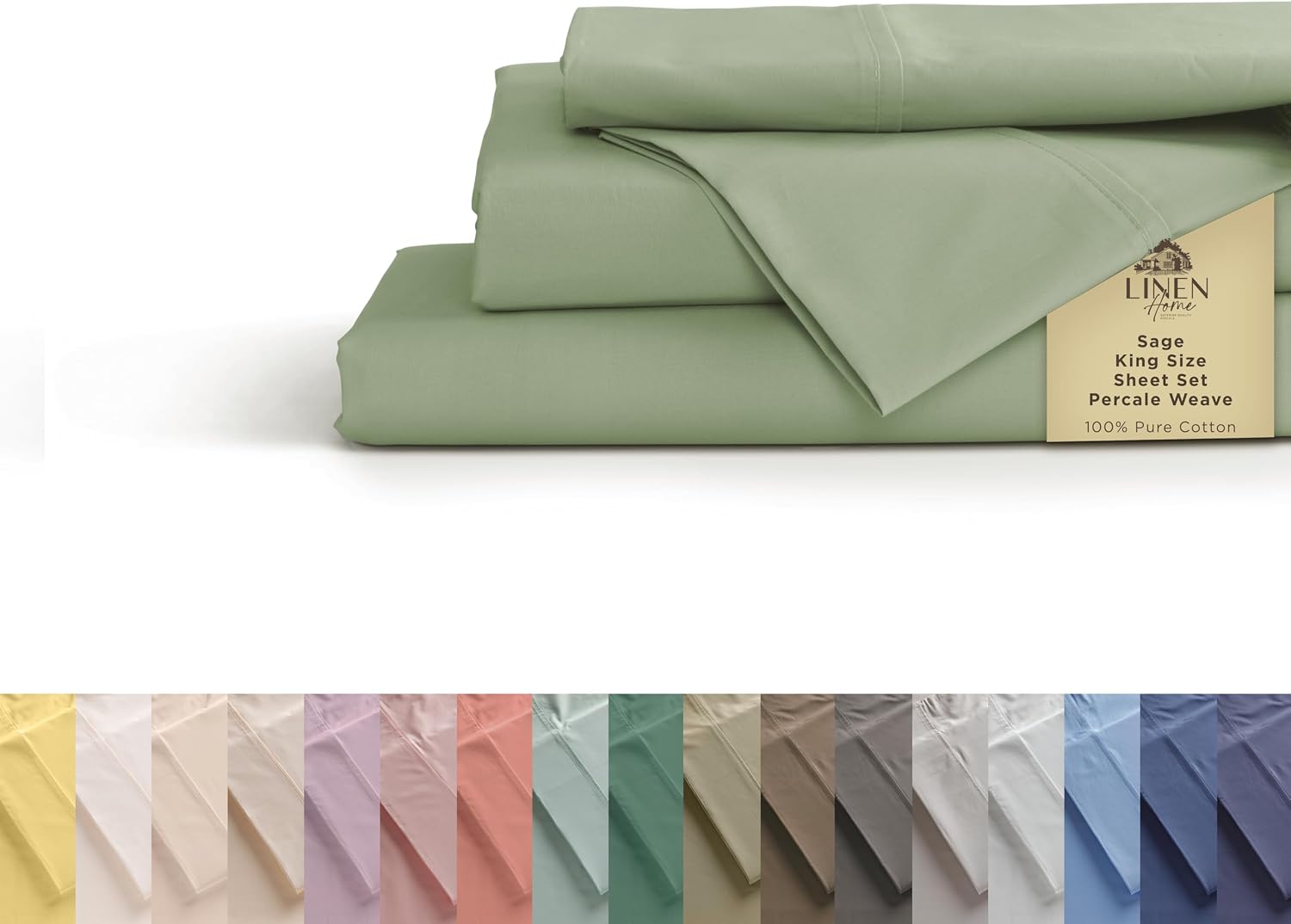 JUEGO DE SÁBANAS LINEN HOME KING 100% ALGODÓN PERCAL 4 PIEZAS VERDE SALVIA - 1