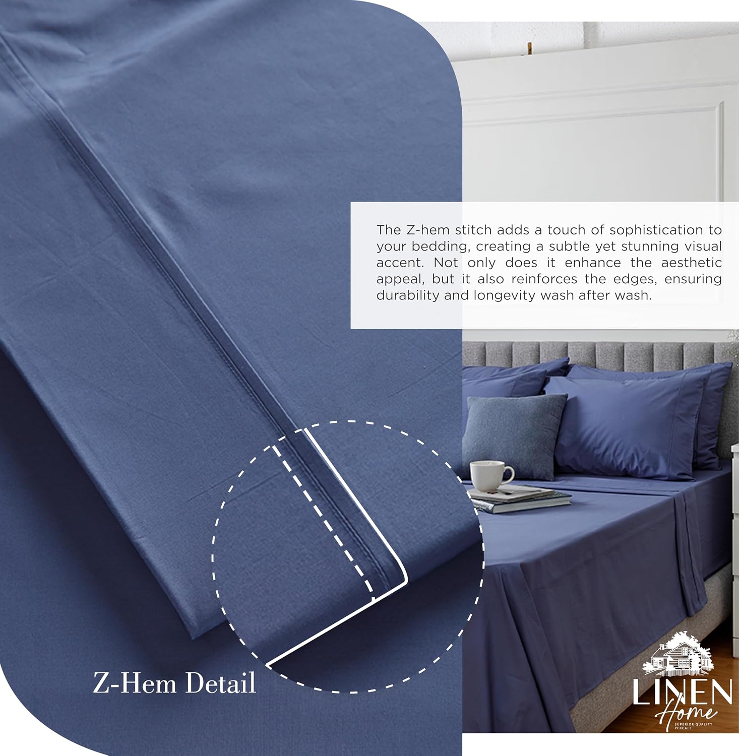 JUEGO DE SÁBANAS LINEN HOME KING 100% ALGODÓN PERCAL AZUL OSCURO 4 PIEZAS - 3