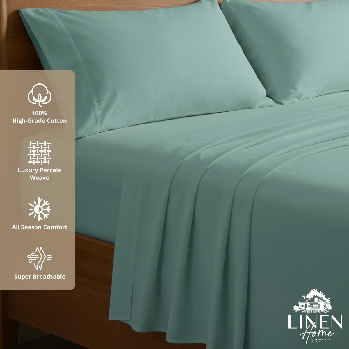 JUEGO DE SÁBANAS LINEN HOME KING 100% ALGODÓN PERCAL 4 PIEZAS AZUL AGUA - 3