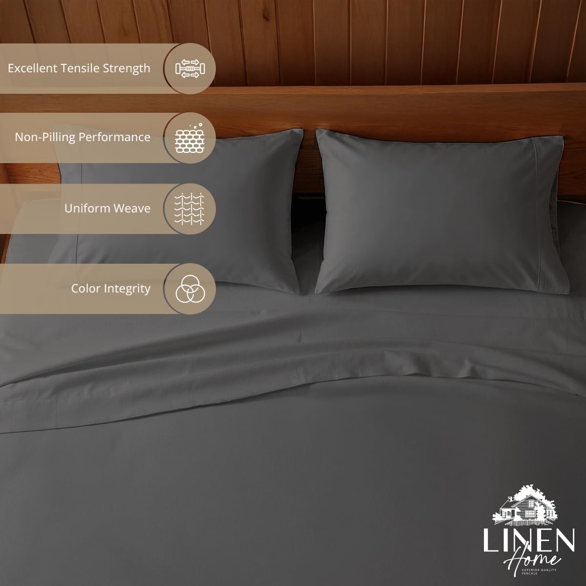 JUEGO DE SÁBANAS LINEN HOME KING 100% ALGODÓN PERCAL 4 PIEZAS GRIS CARBÓN - 2