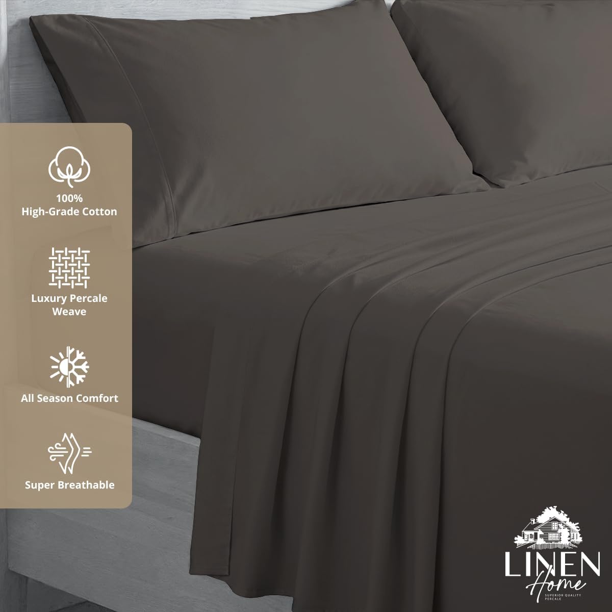 JUEGO DE SÁBANAS LINEN HOME KING 100% ALGODÓN PERCAL 4 PIEZAS GRIS CARBÓN - 3