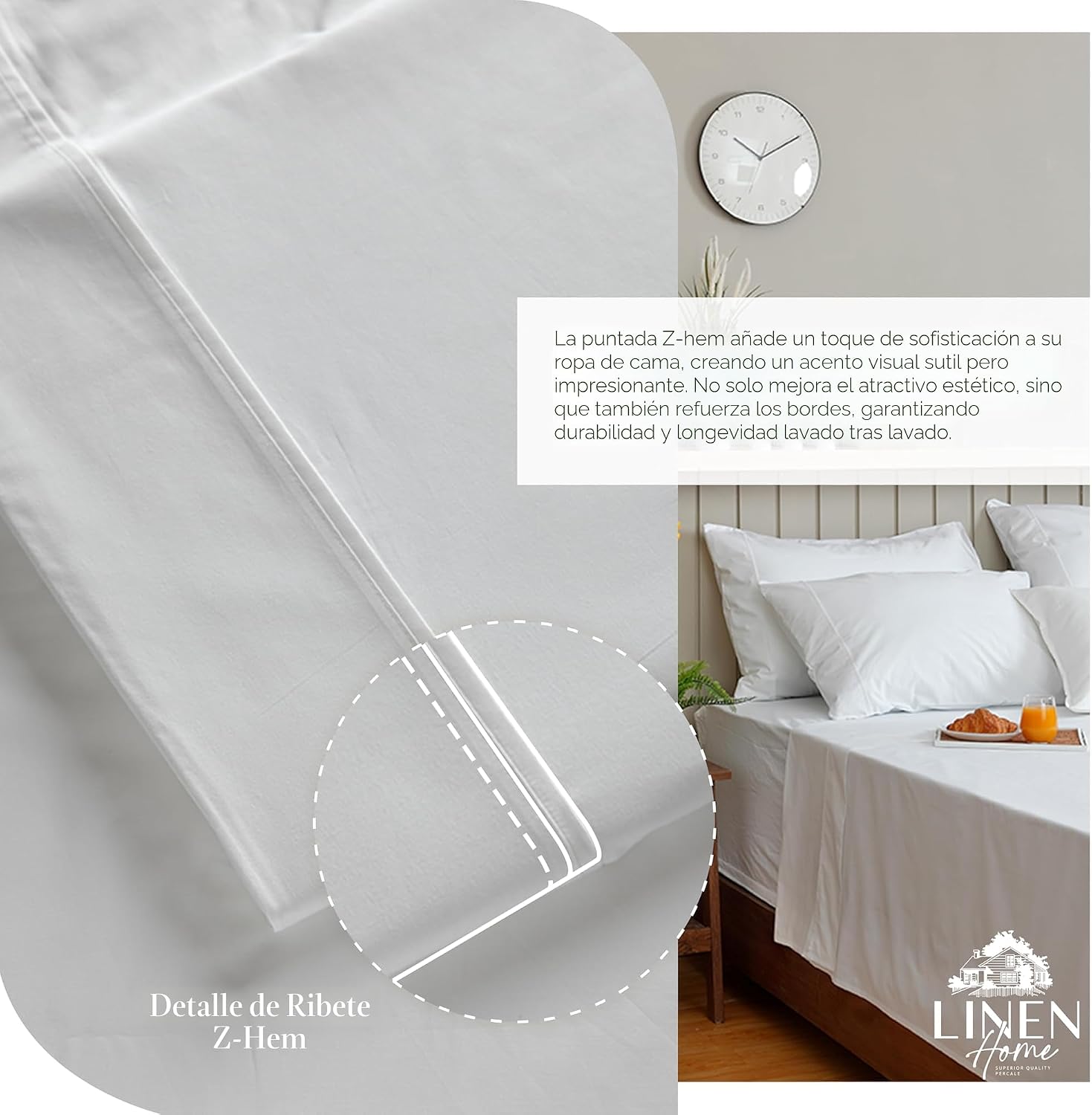 JUEGO DE SÁBANAS LINEN HOME KING 100% ALGODÓN PERCAL BLANCO 4 PIEZAS - 3