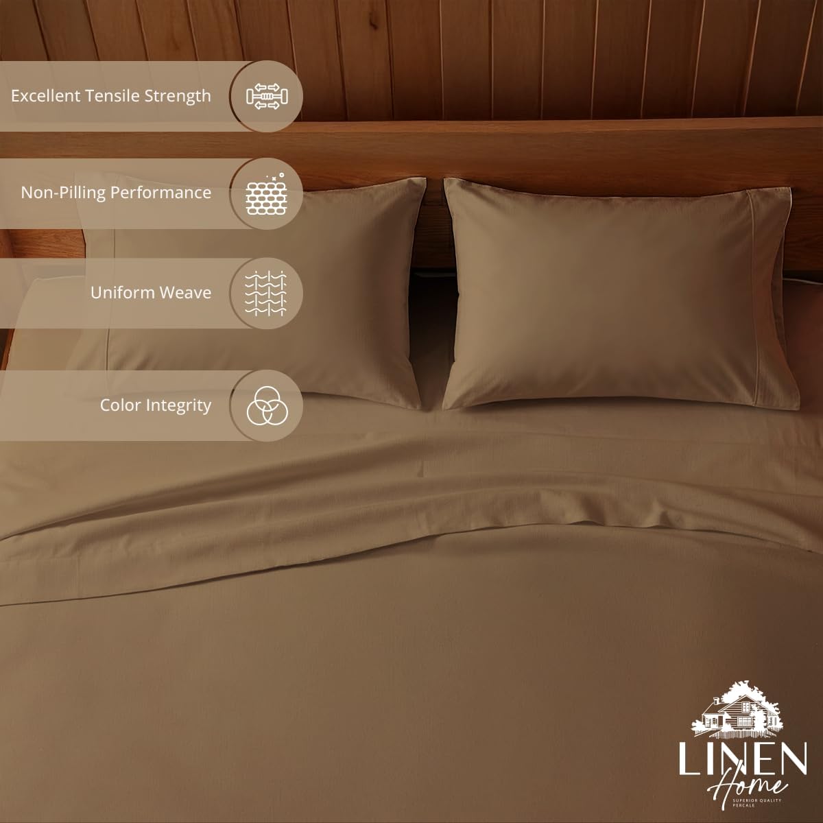 JUEGO DE SÁBANAS LINEN HOME KING 100% ALGODÓN PERCAL 4 PIEZAS MARRÓN TIERRA - 2