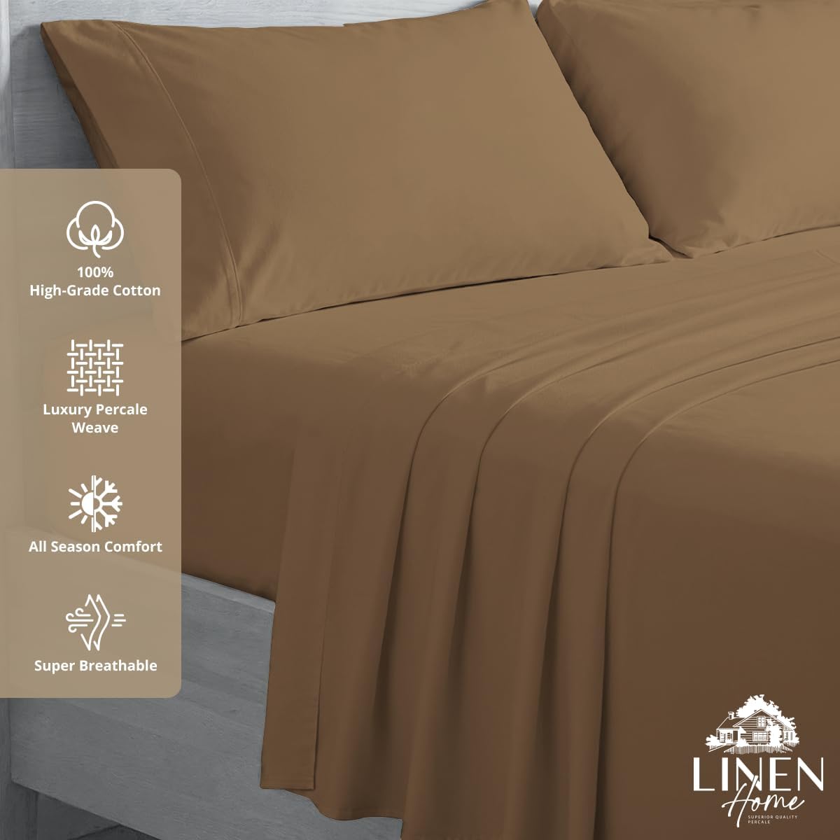 JUEGO DE SÁBANAS LINEN HOME KING 100% ALGODÓN PERCAL 4 PIEZAS MARRÓN TIERRA - 3