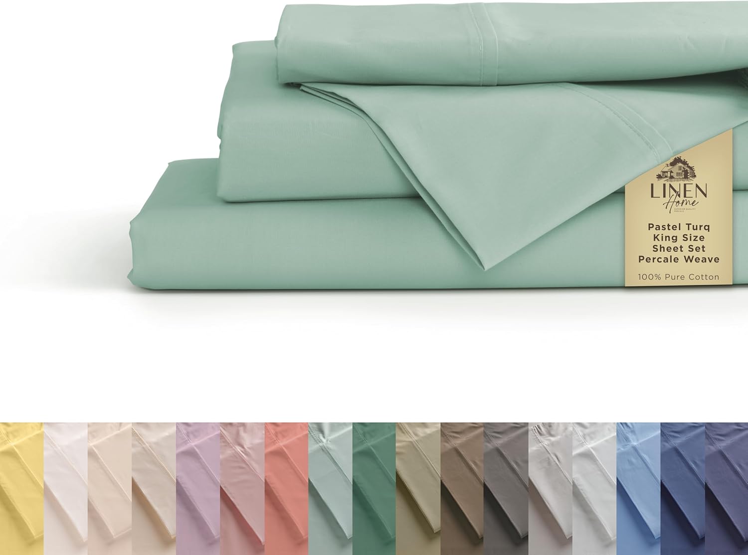 JUEGO DE SÁBANAS LINEN HOME KING 100% ALGODÓN PERCAL 4 PIEZAS PASTEL TURQUESA - 1