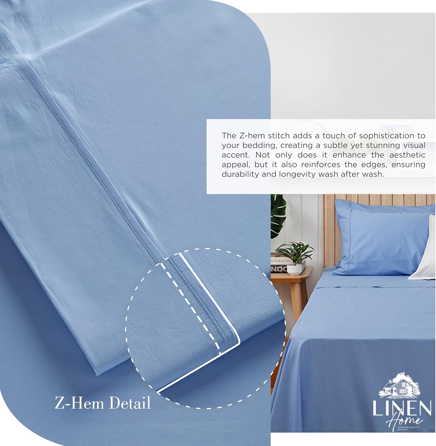 JUEGO DE SÁBANAS LINEN HOME KING 100% ALGODÓN PERCAL 4 PIEZAS AZUL BEBÉ - 3