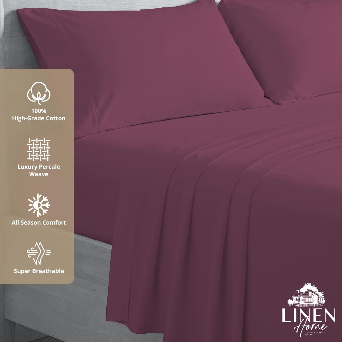 JUEGO DE SÁBANAS LINEN HOME KING 100% ALGODÓN PERCAL 4 PIEZAS COLOR CIRUELA - 3