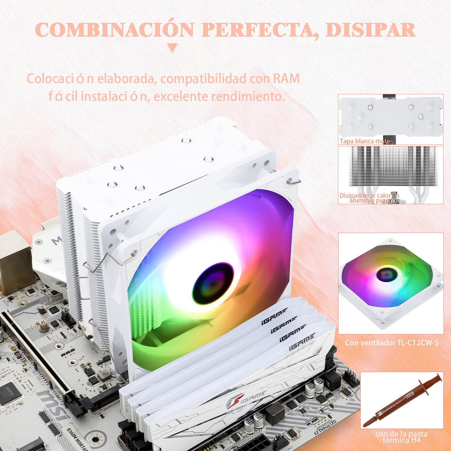 ENFRIADOR DE CPU THERMALRIGHT ASSASSIN KING 120 SE WHITE ARGB 5 HEATPIPES PARA AM4/AM5/INTEL LGA - 4