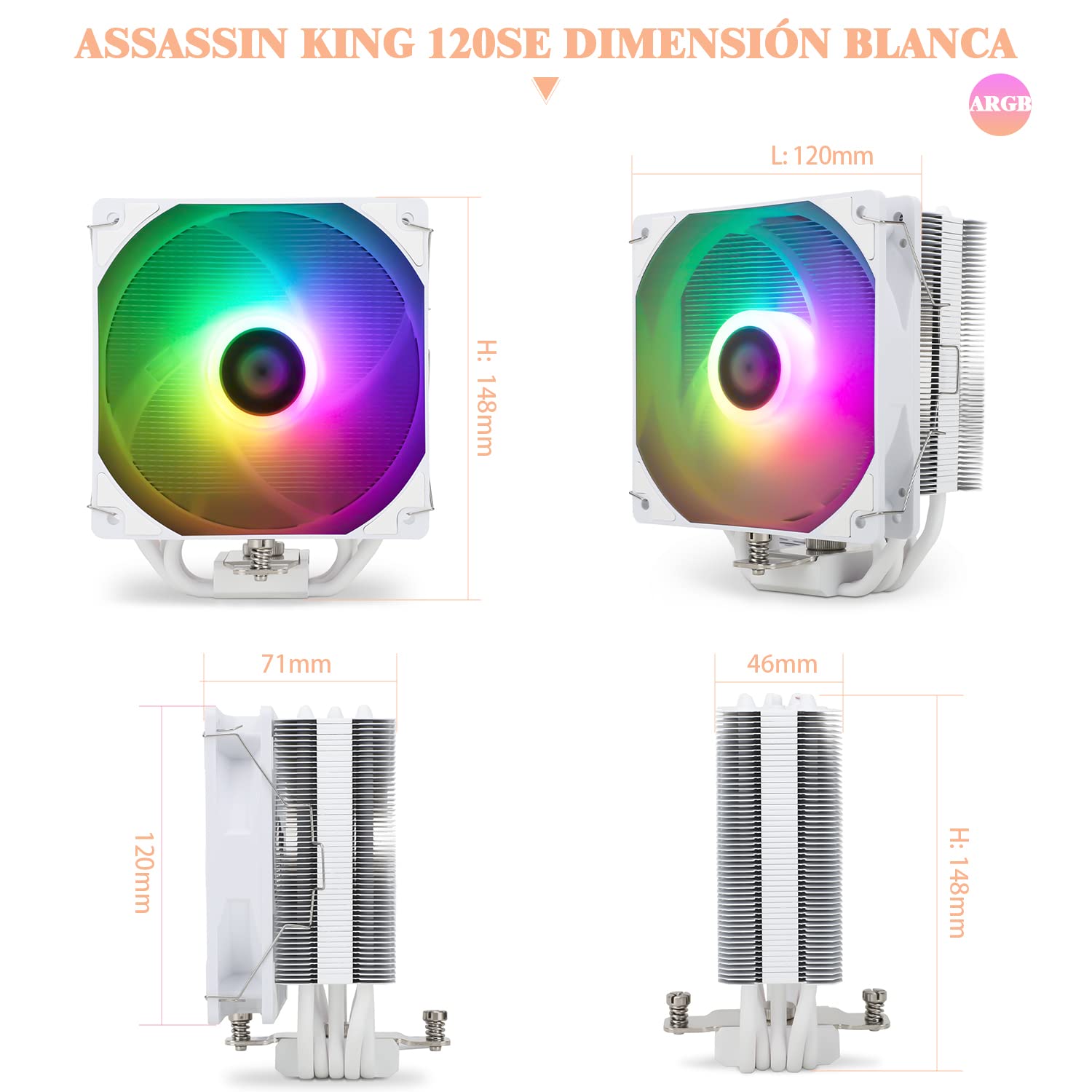 ENFRIADOR DE CPU THERMALRIGHT ASSASSIN KING 120 SE WHITE ARGB 5 HEATPIPES PARA AM4/AM5/INTEL LGA - 5